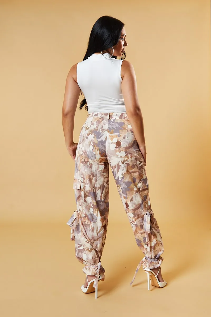 Beige Abstract Print Tie Hem Cargo Trousers - Britney