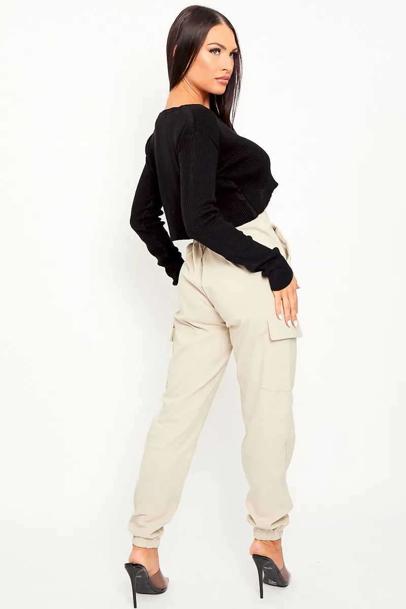 Beige Elasticated Waist Cargo Trousers - Yalina