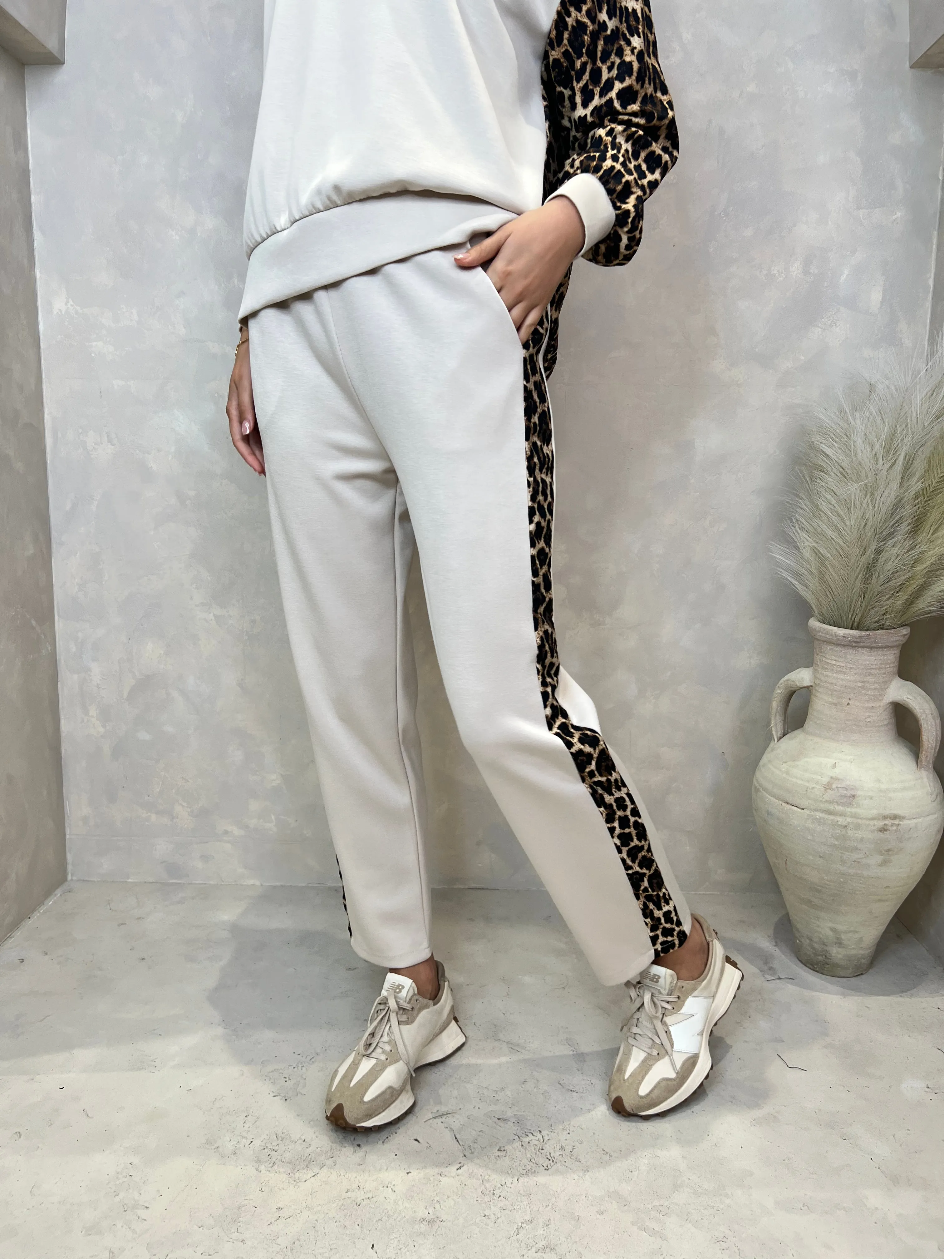 Beige Leopard Print Trim Straight Leg Jogging Bottoms