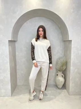 Beige Leopard Print Trim Straight Leg Jogging Bottoms