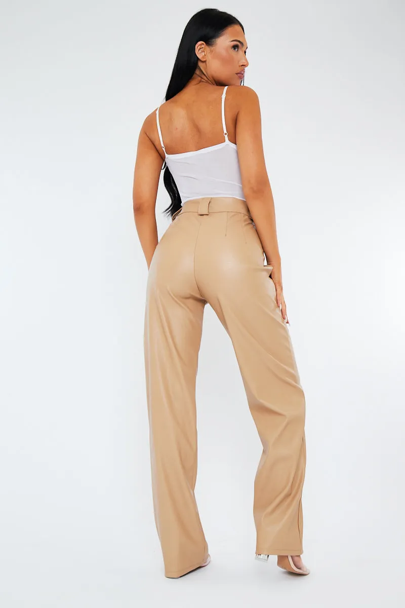 Beige Pleated Straight Leg PU Leather Trousers - Jaymi