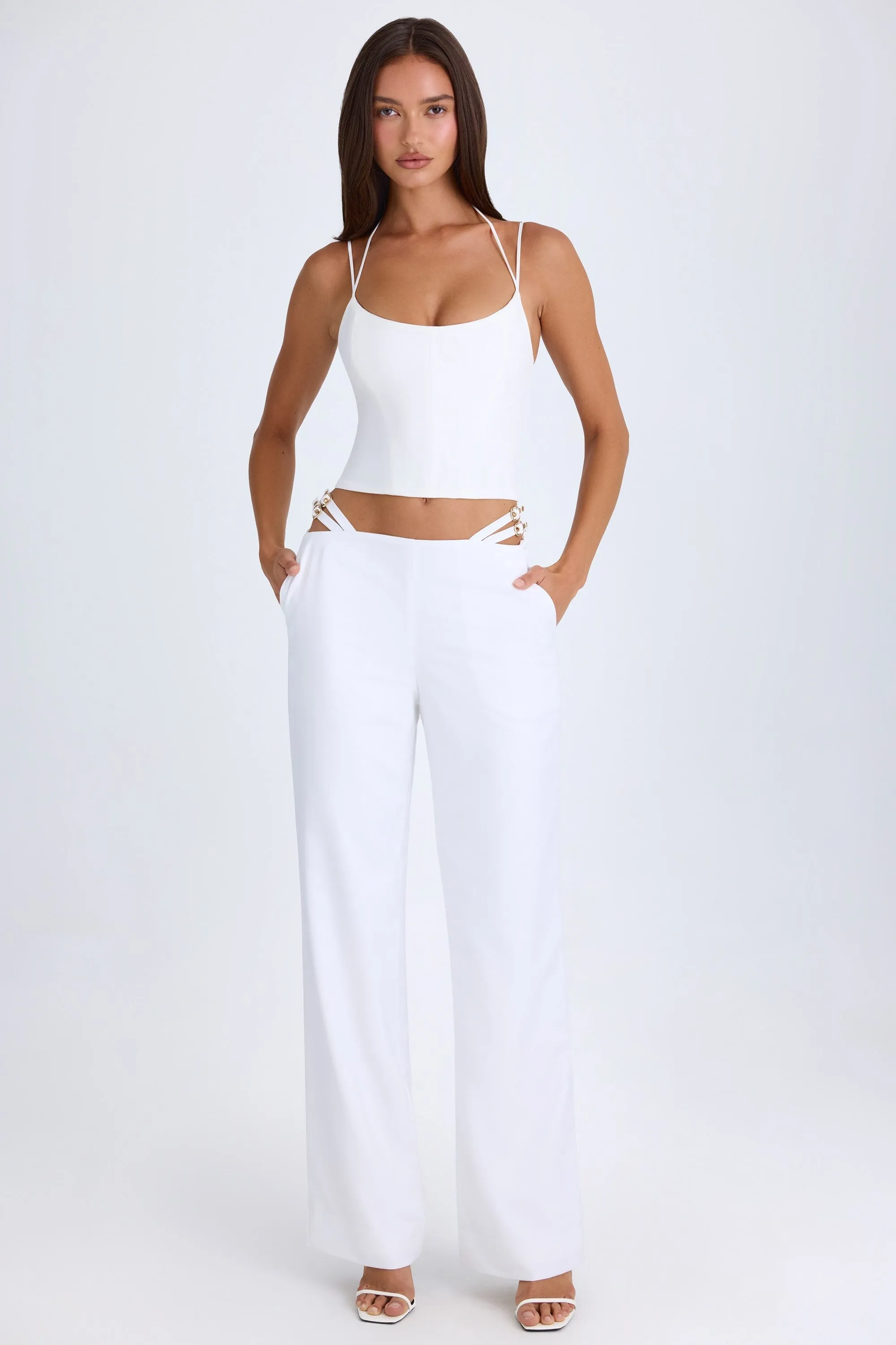 Belted Cut-Out Wide-Leg Trousers in White