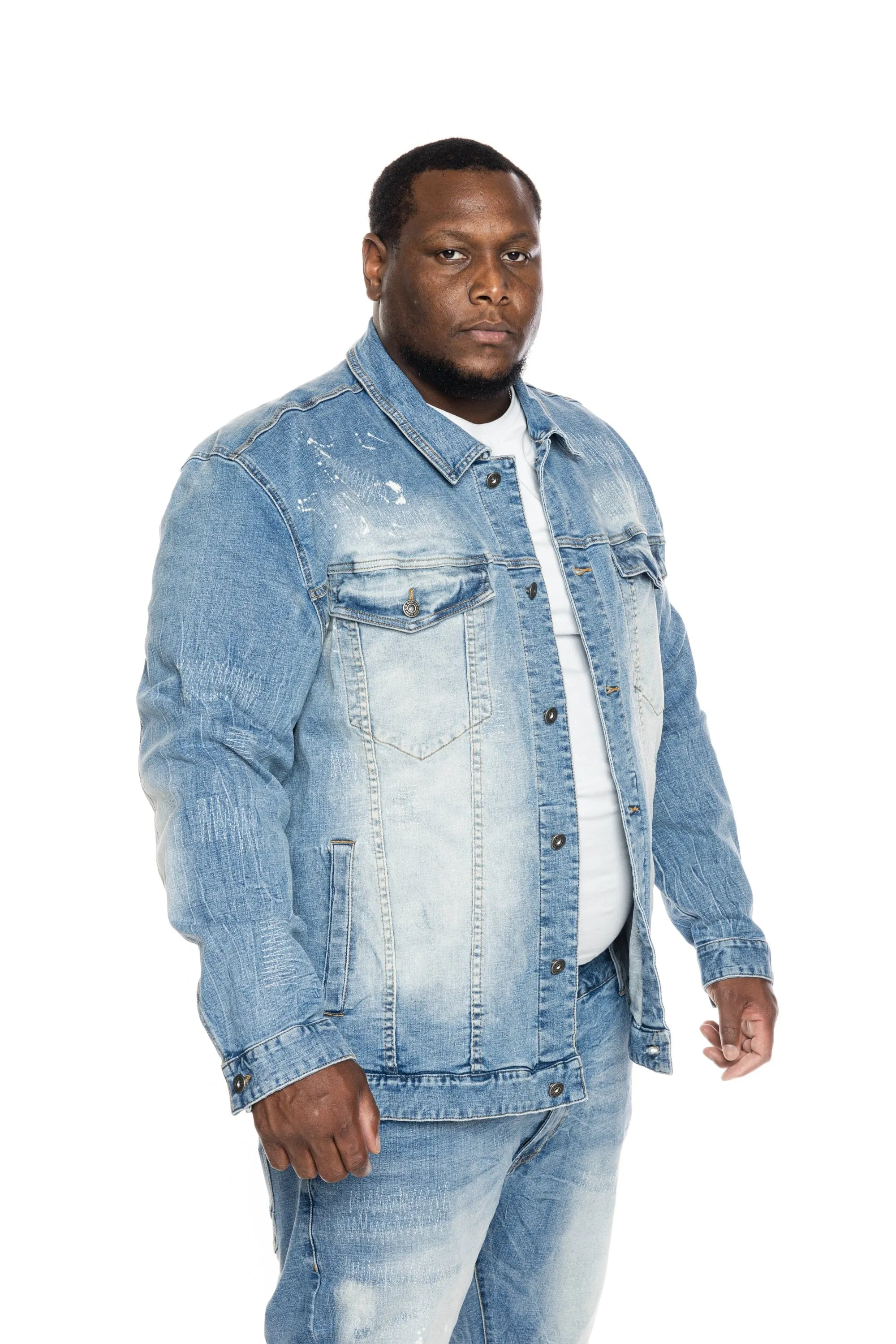 Big and Tall Bleached Detail Semi Basic Jean Jacket - Ocean Blue