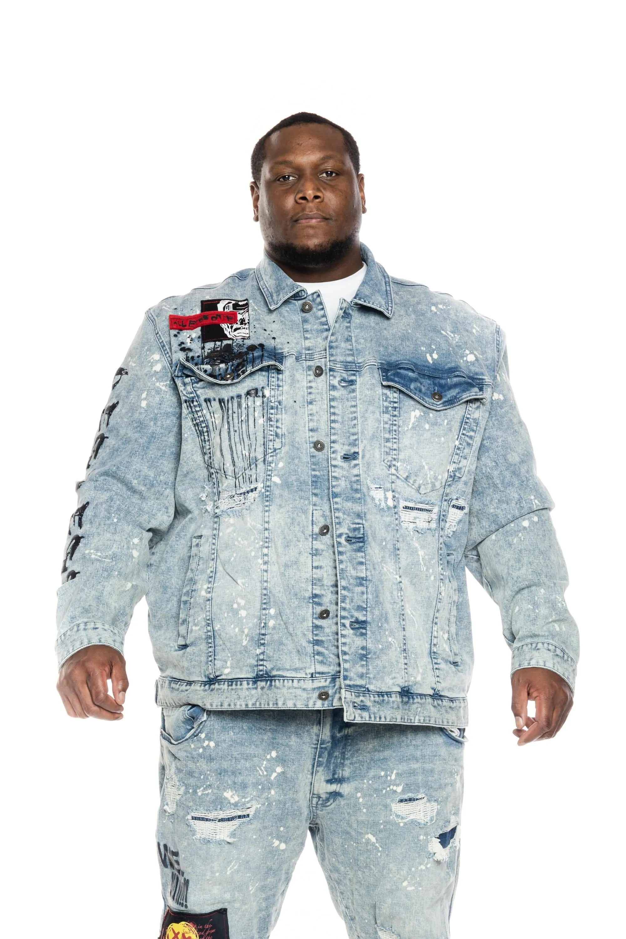 Big and Tall Graphic Patched Fashion Jean Jacket - Mizu Blue