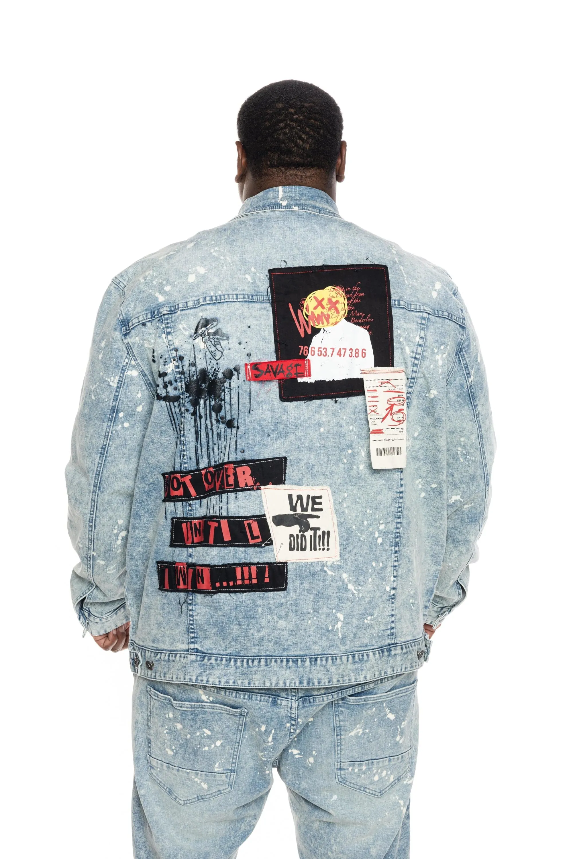 Big and Tall Graphic Patched Fashion Jean Jacket - Mizu Blue