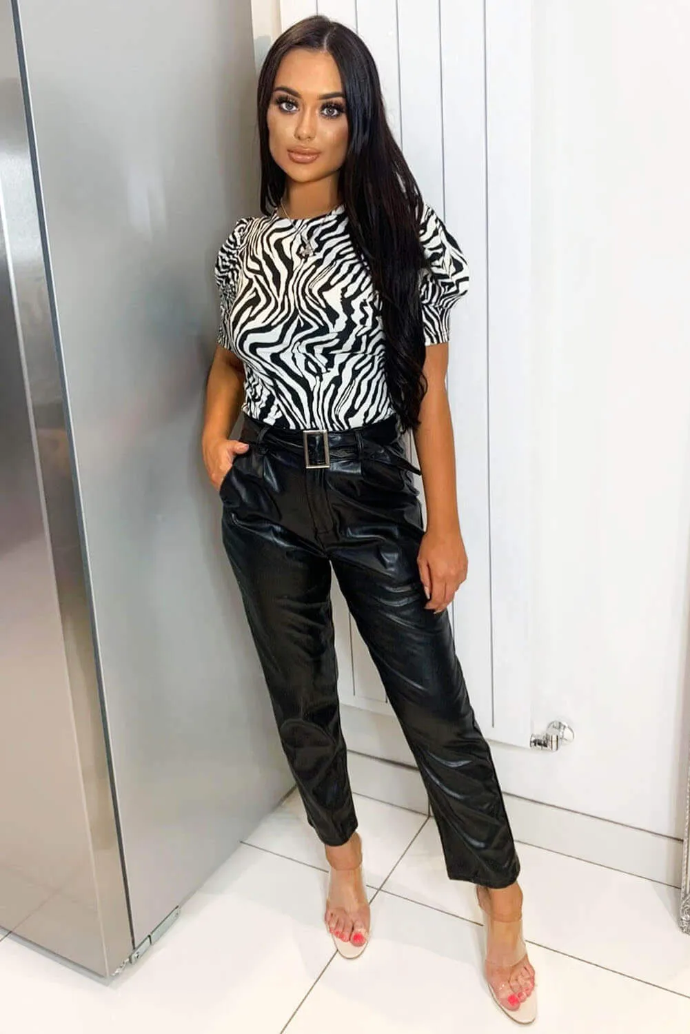 Black Faux Leather Belted Trousers