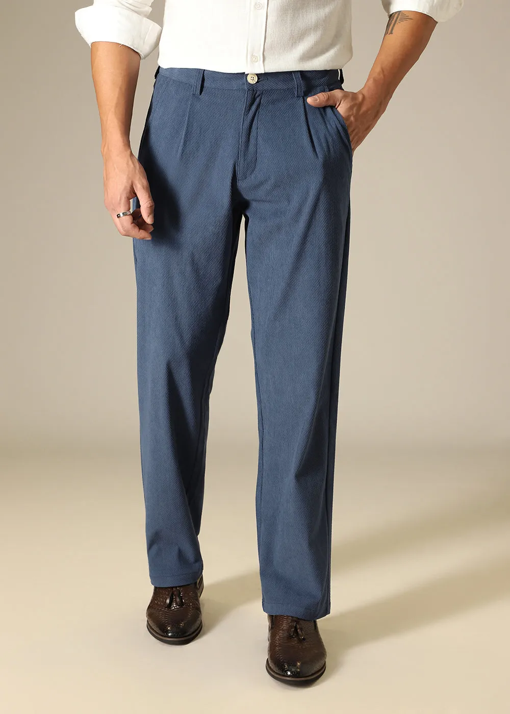 Blue Textured Corduroy Pant