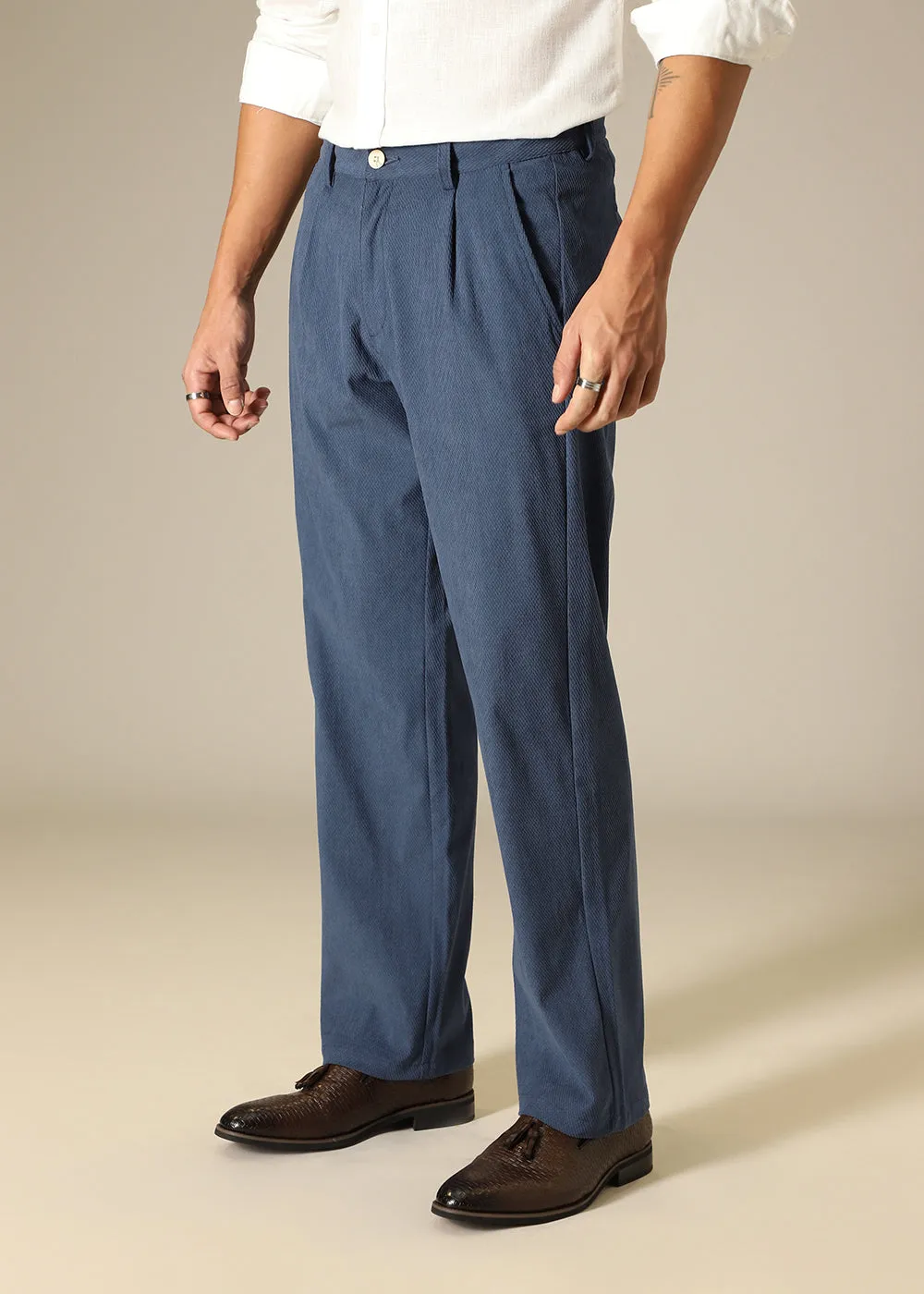 Blue Textured Corduroy Pant