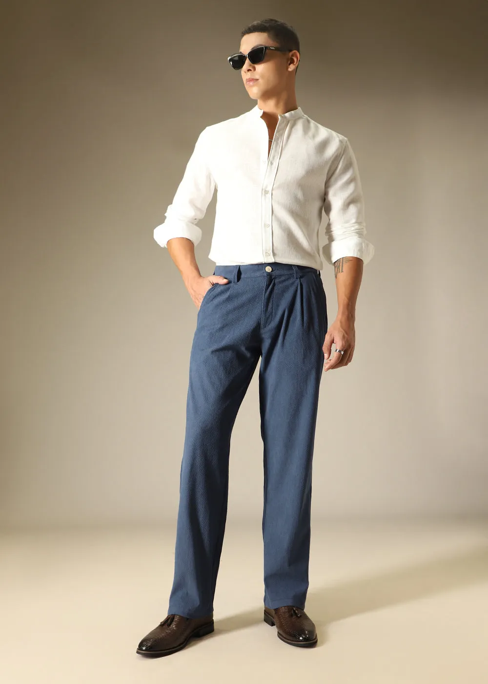 Blue Textured Corduroy Pant