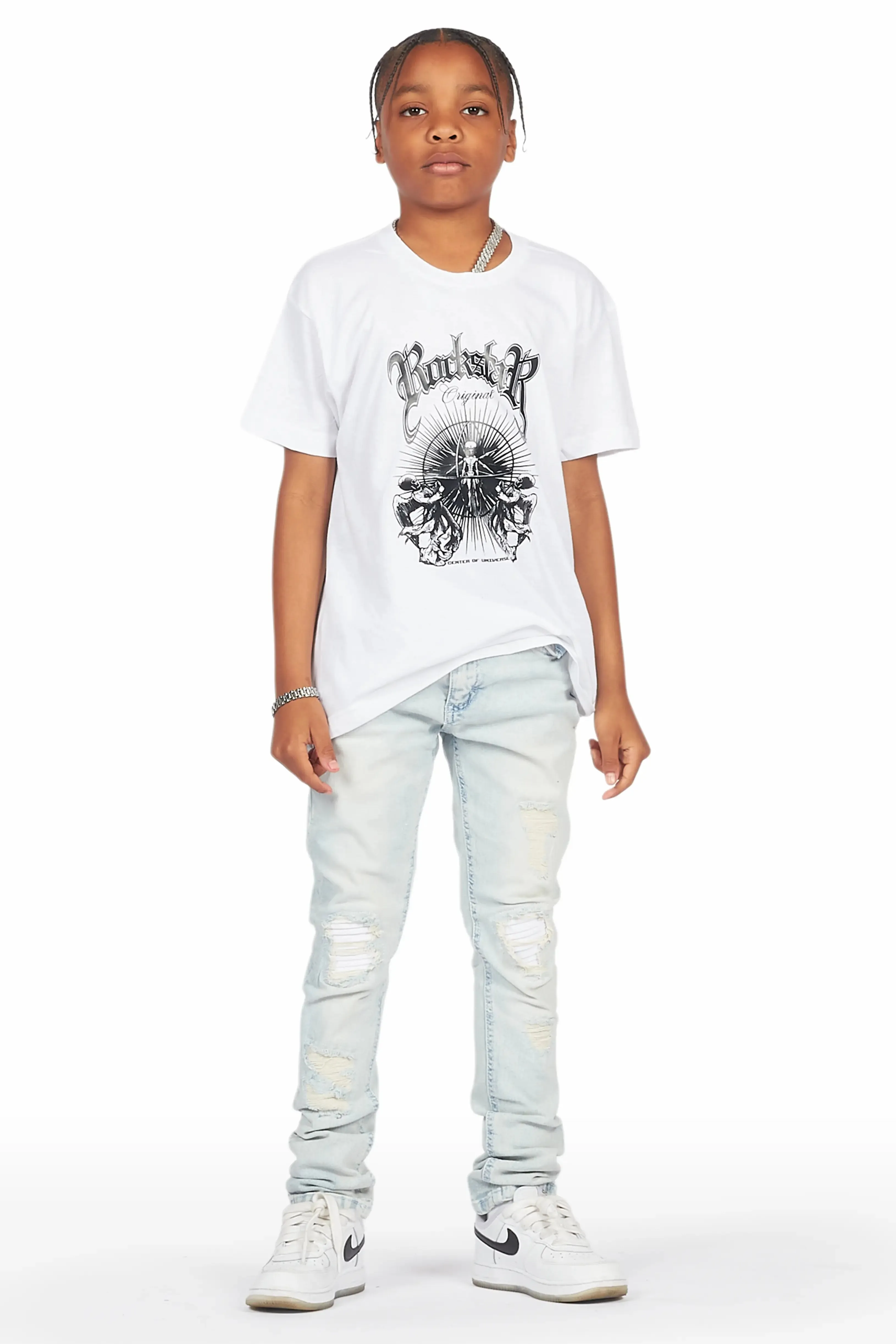 Boys Abbas White/Blue T-Shirt/Skinny Jean Set