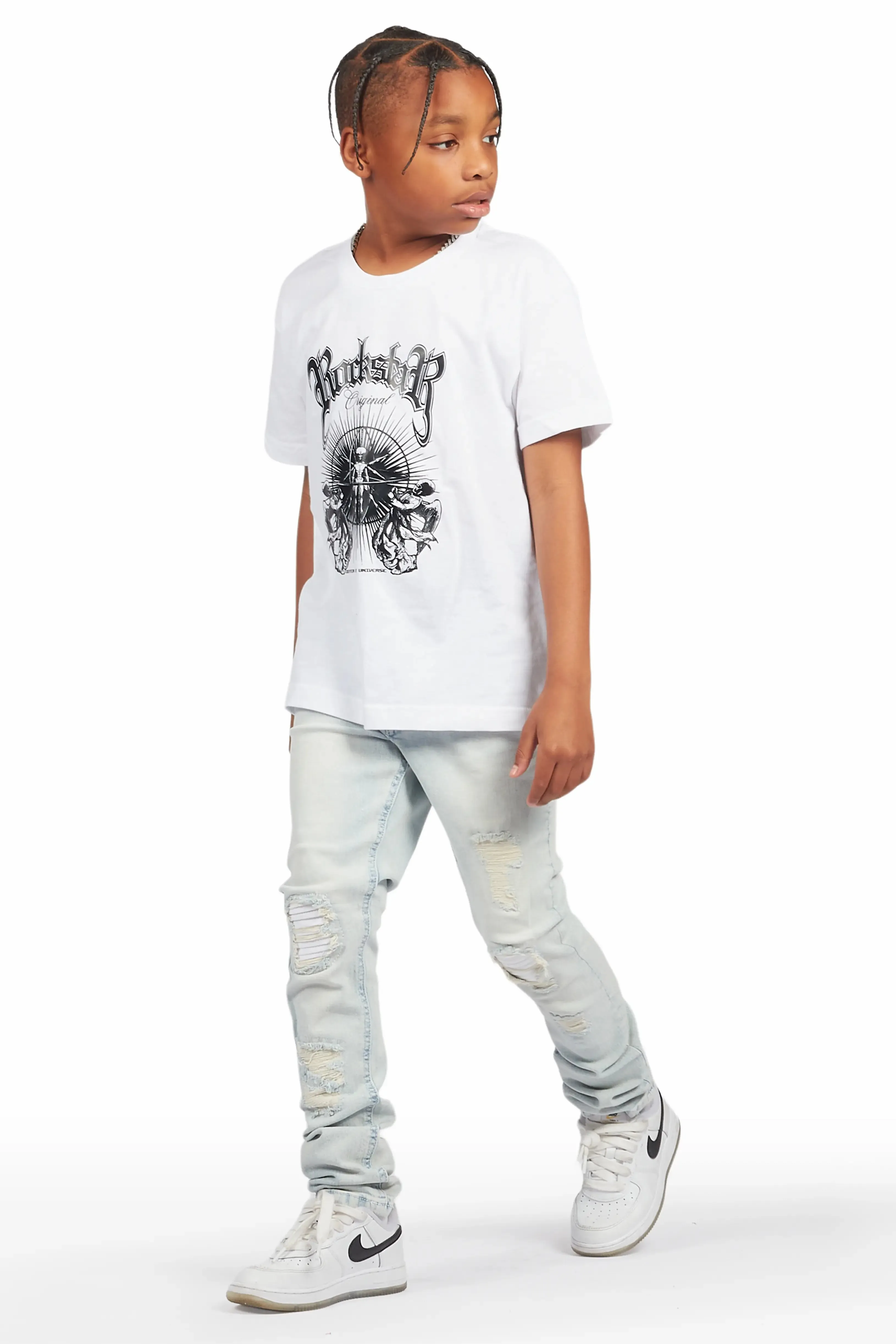 Boys Abbas White/Blue T-Shirt/Skinny Jean Set