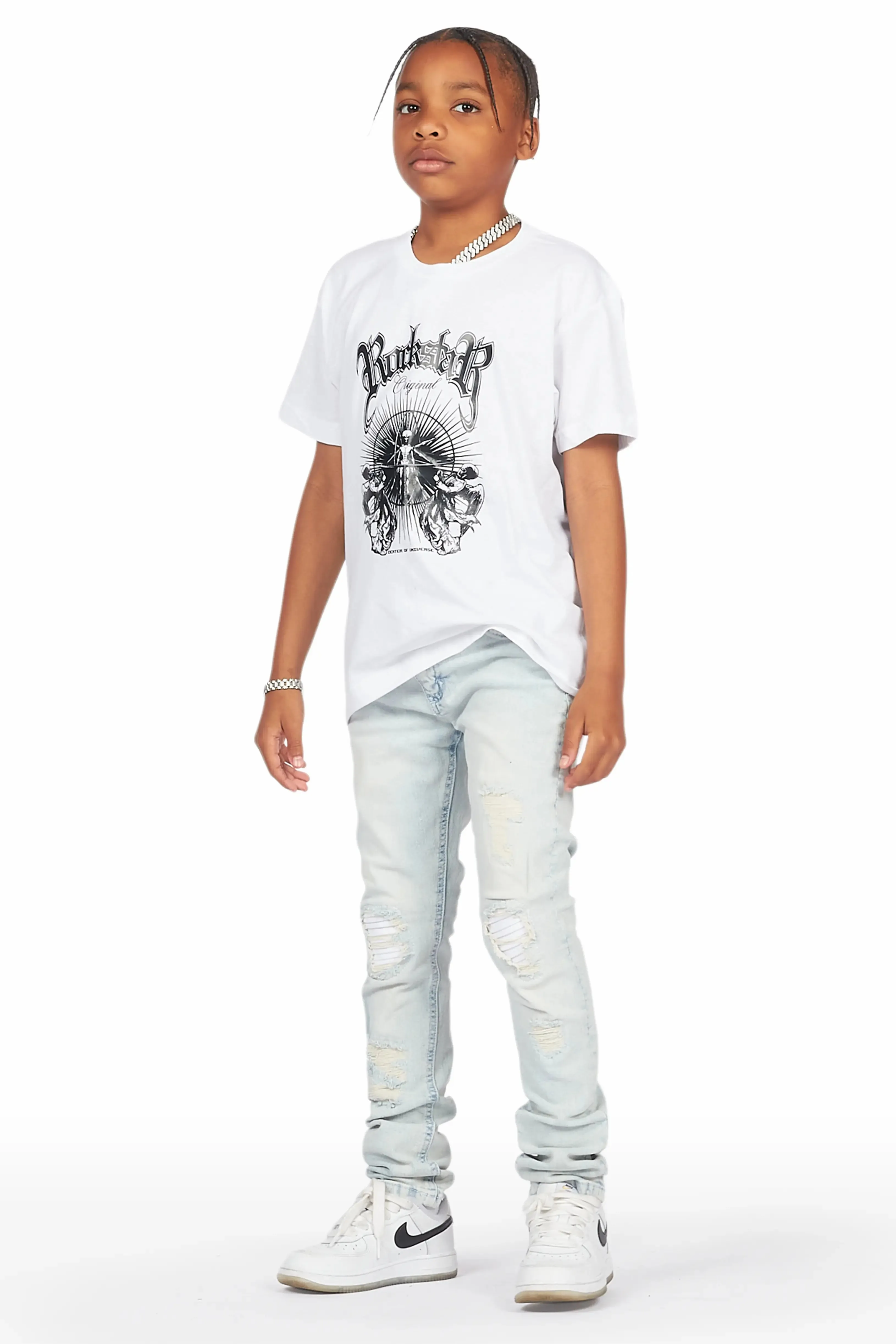 Boys Abbas White/Blue T-Shirt/Skinny Jean Set