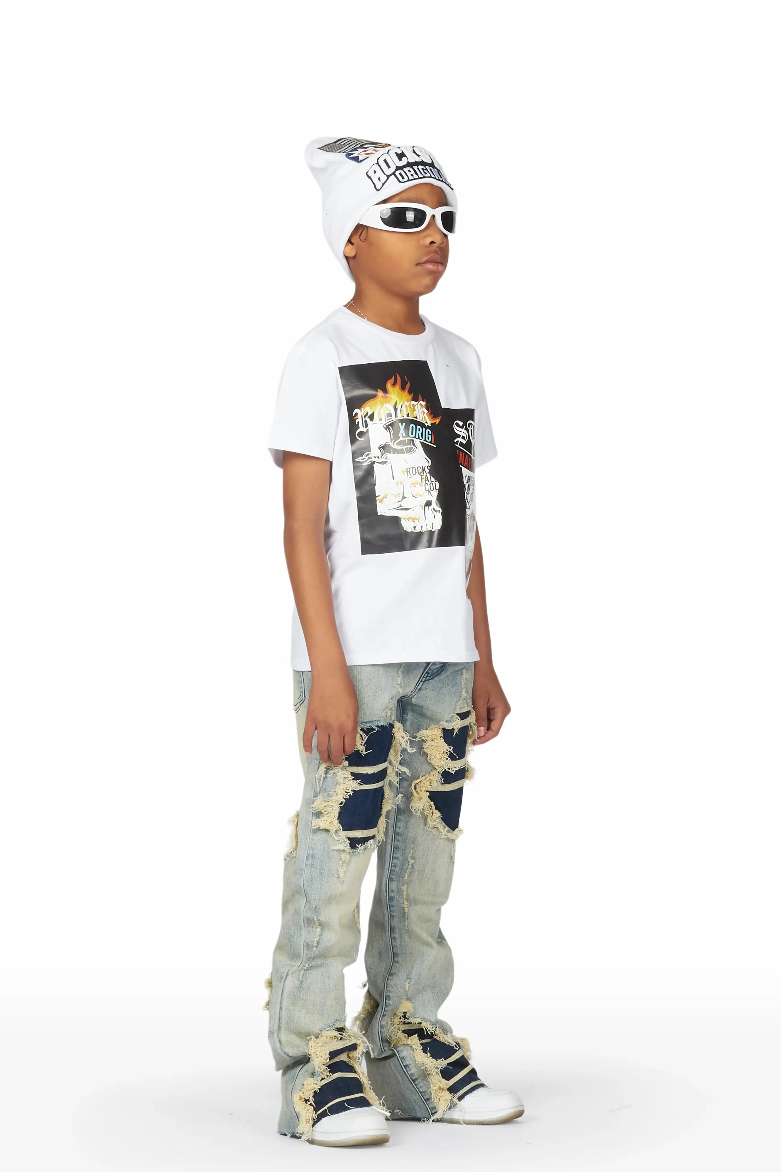 Boys Baam White/Blue T-Shirt/Stacked Flare Jean Set