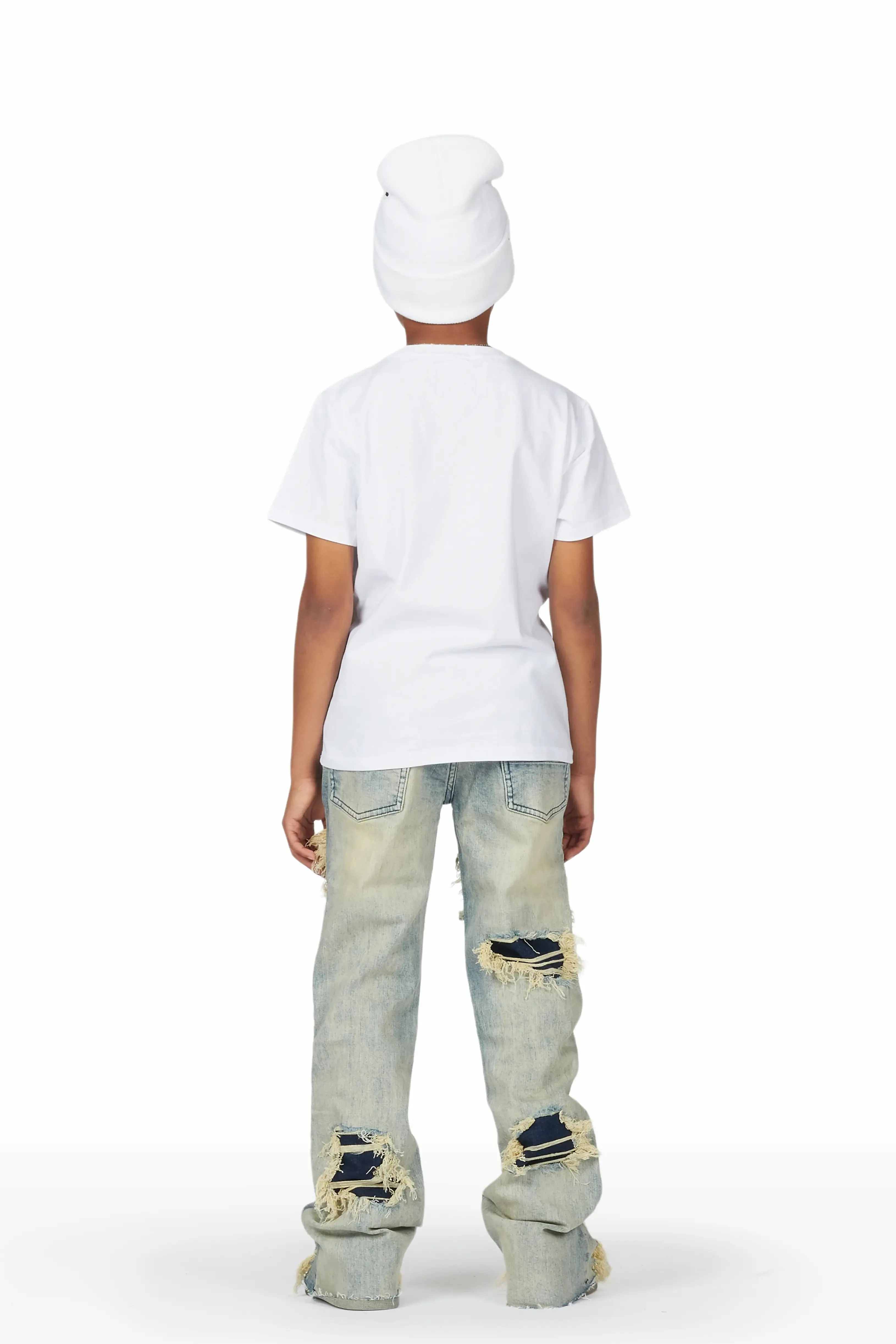 Boys Baam White/Blue T-Shirt/Stacked Flare Jean Set