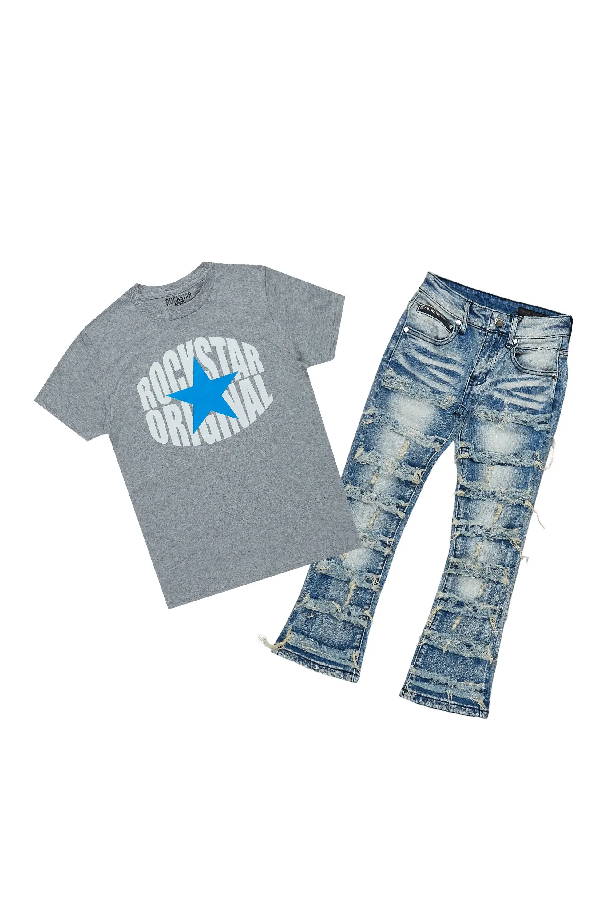 Boys Ezra Blue/Grey T-Shirt/Stacked Flare Jean Set