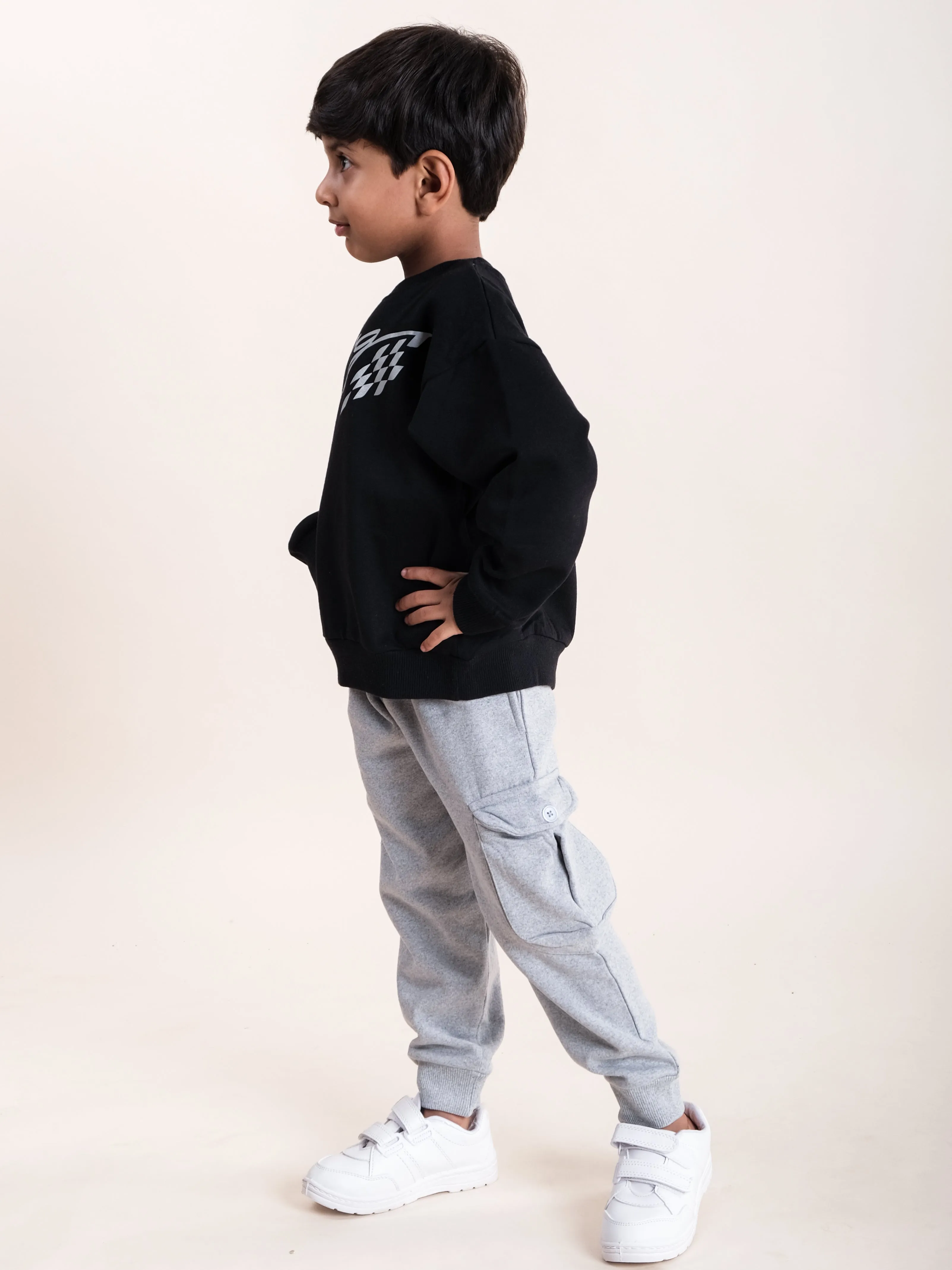 Boys Fleece Printed Round Neck Sweatshirt With Cargo Track Pant Set