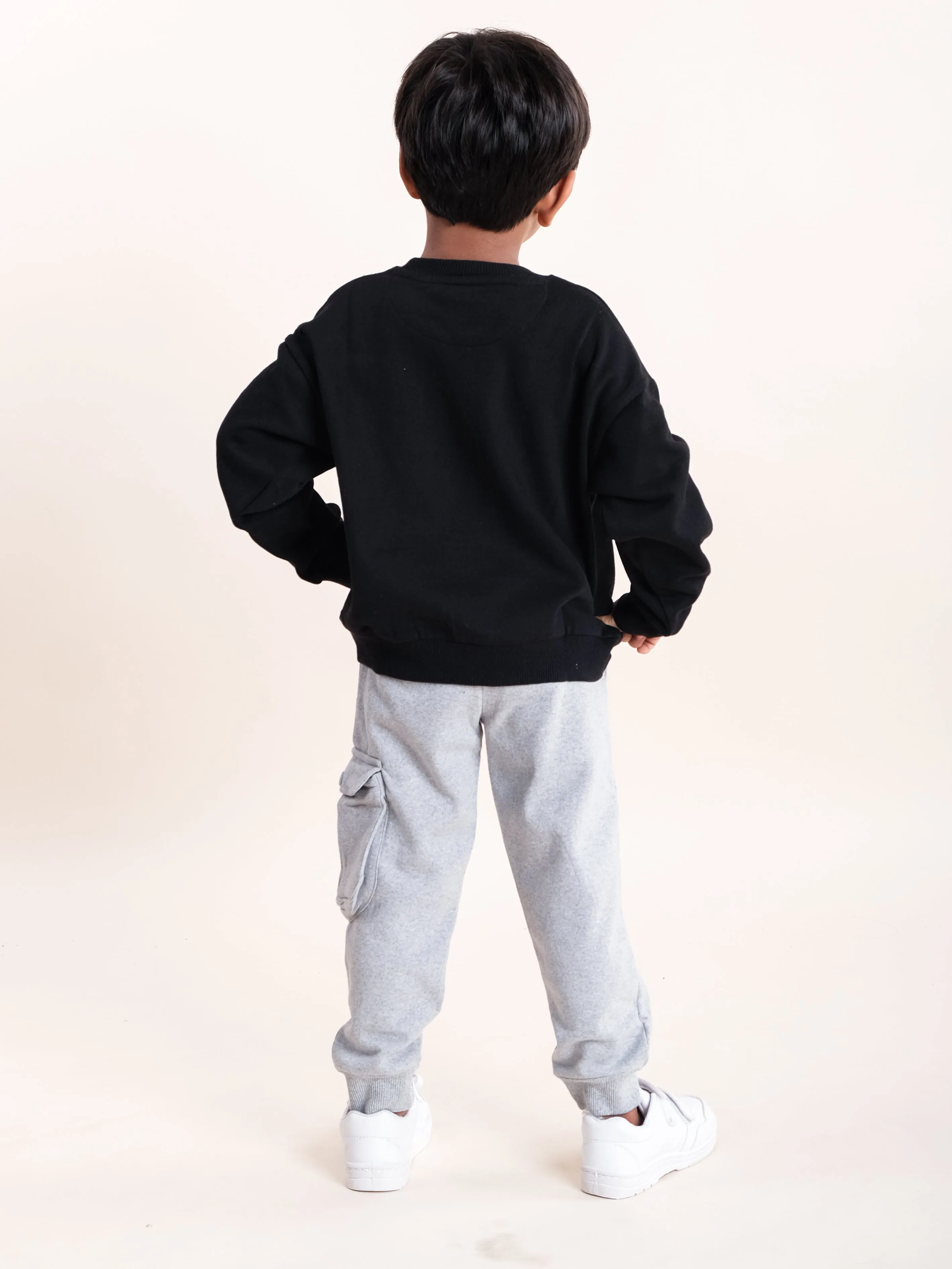 Boys Fleece Printed Round Neck Sweatshirt With Cargo Track Pant Set