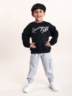 Boys Fleece Printed Round Neck Sweatshirt With Cargo Track Pant Set