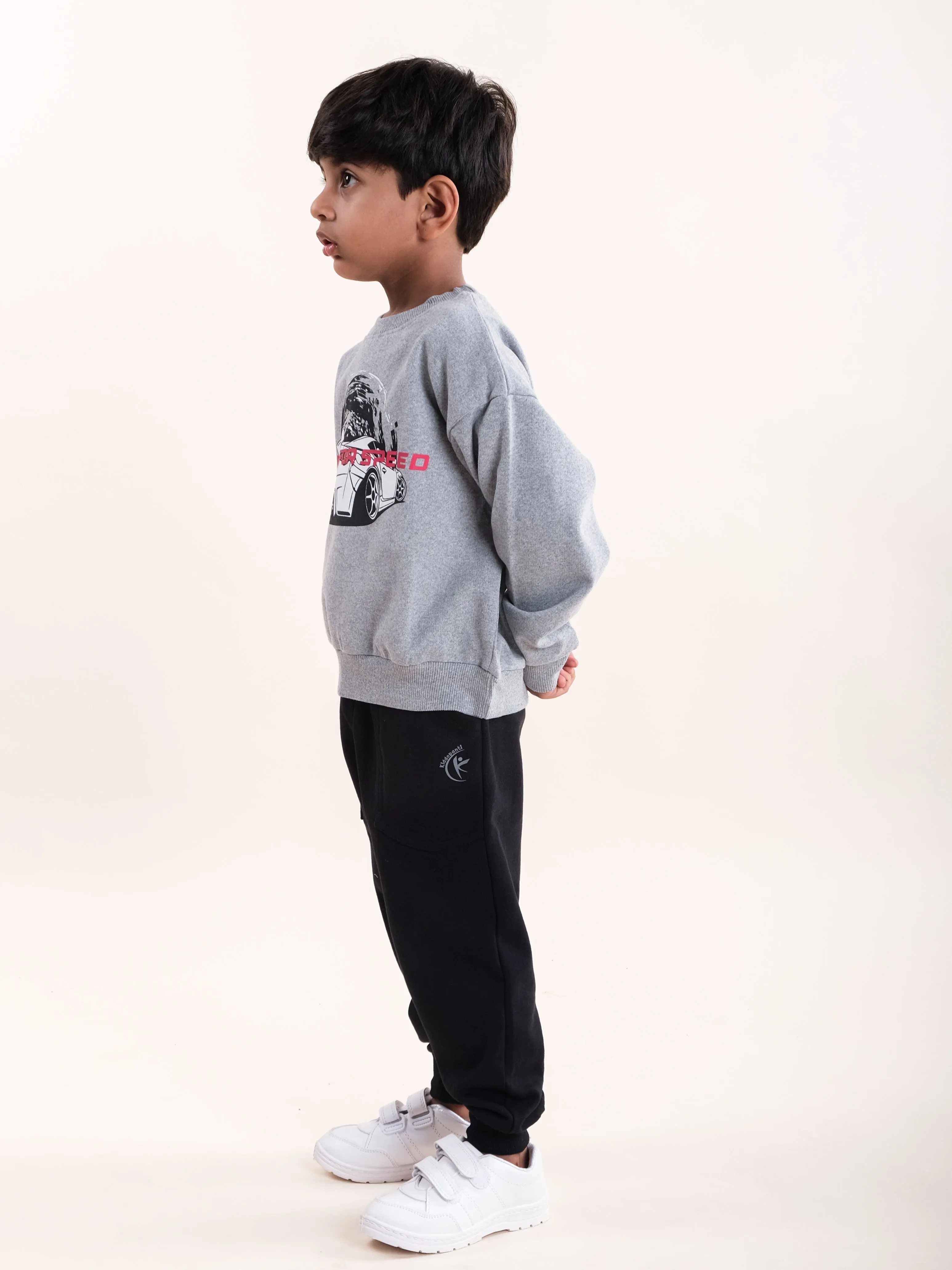 Boys Fleece Printed Round Neck Sweatshirt With Solid Track Pant Set