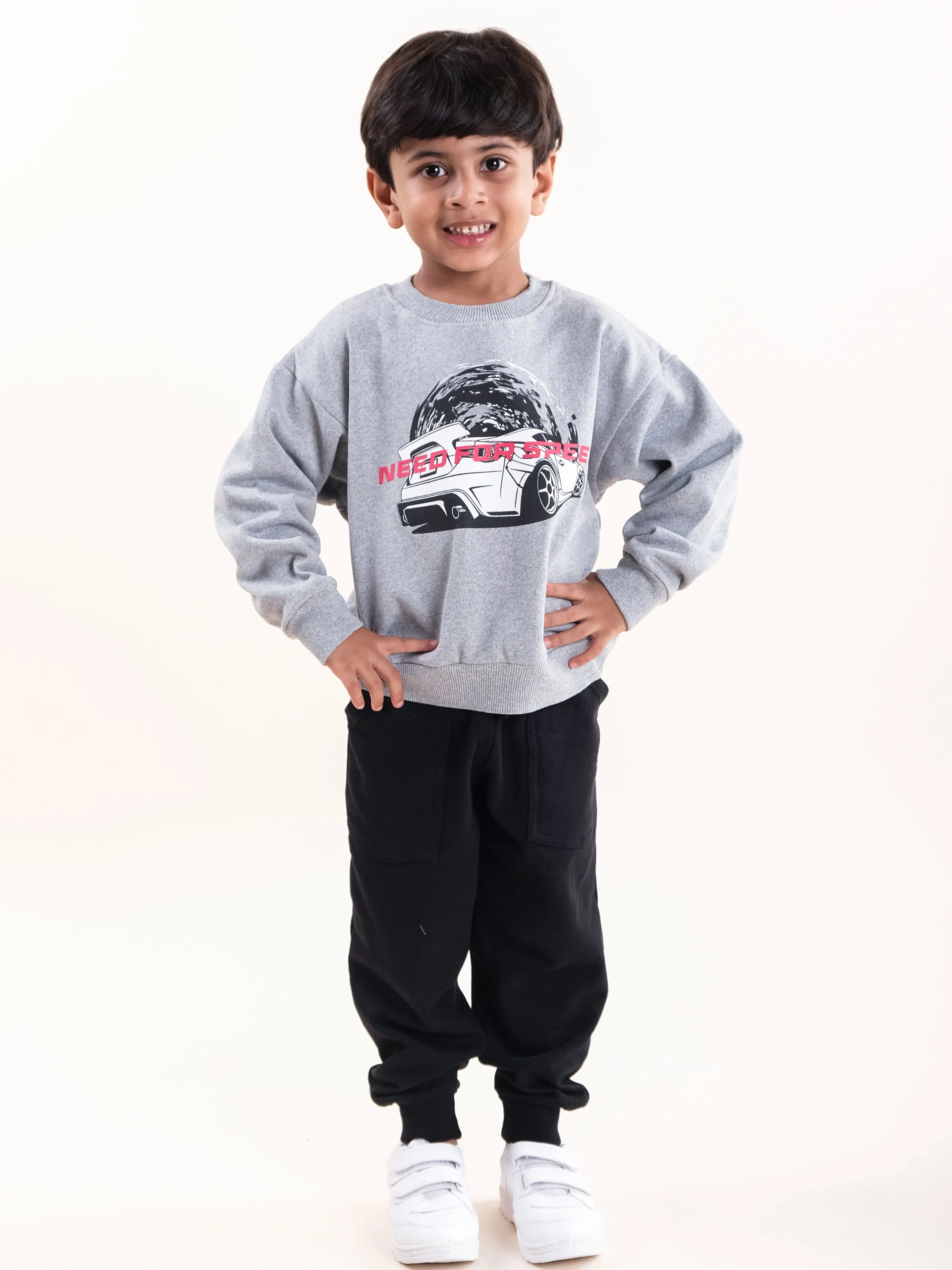 Boys Fleece Printed Round Neck Sweatshirt With Solid Track Pant Set