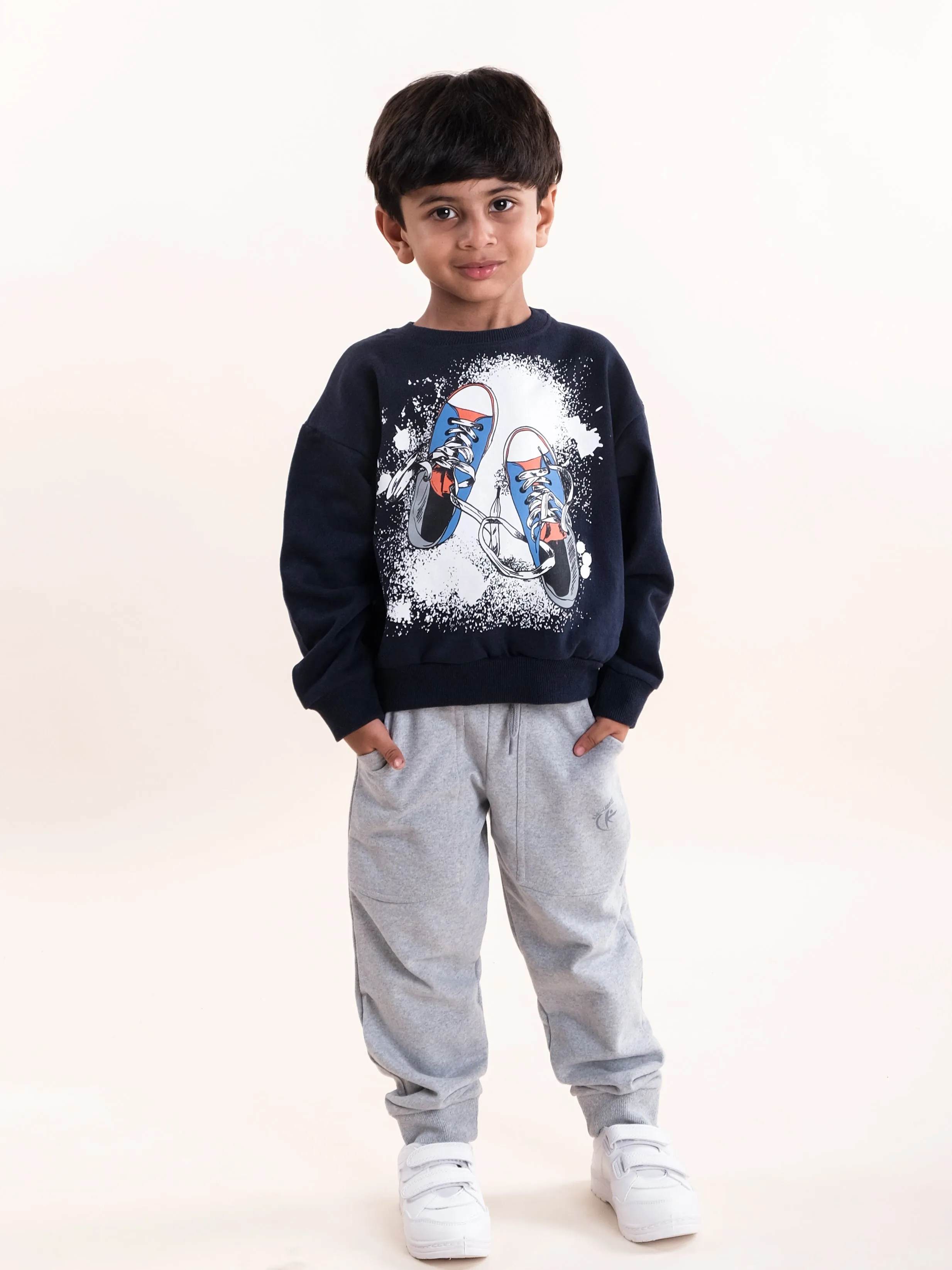 Boys Fleece Printed Round Neck Sweatshirt With Solid Track Pant Set