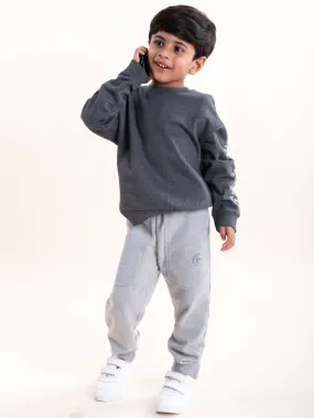 Boys Fleece Printed Round Neck Sweatshirt With Solid Track Pant Set