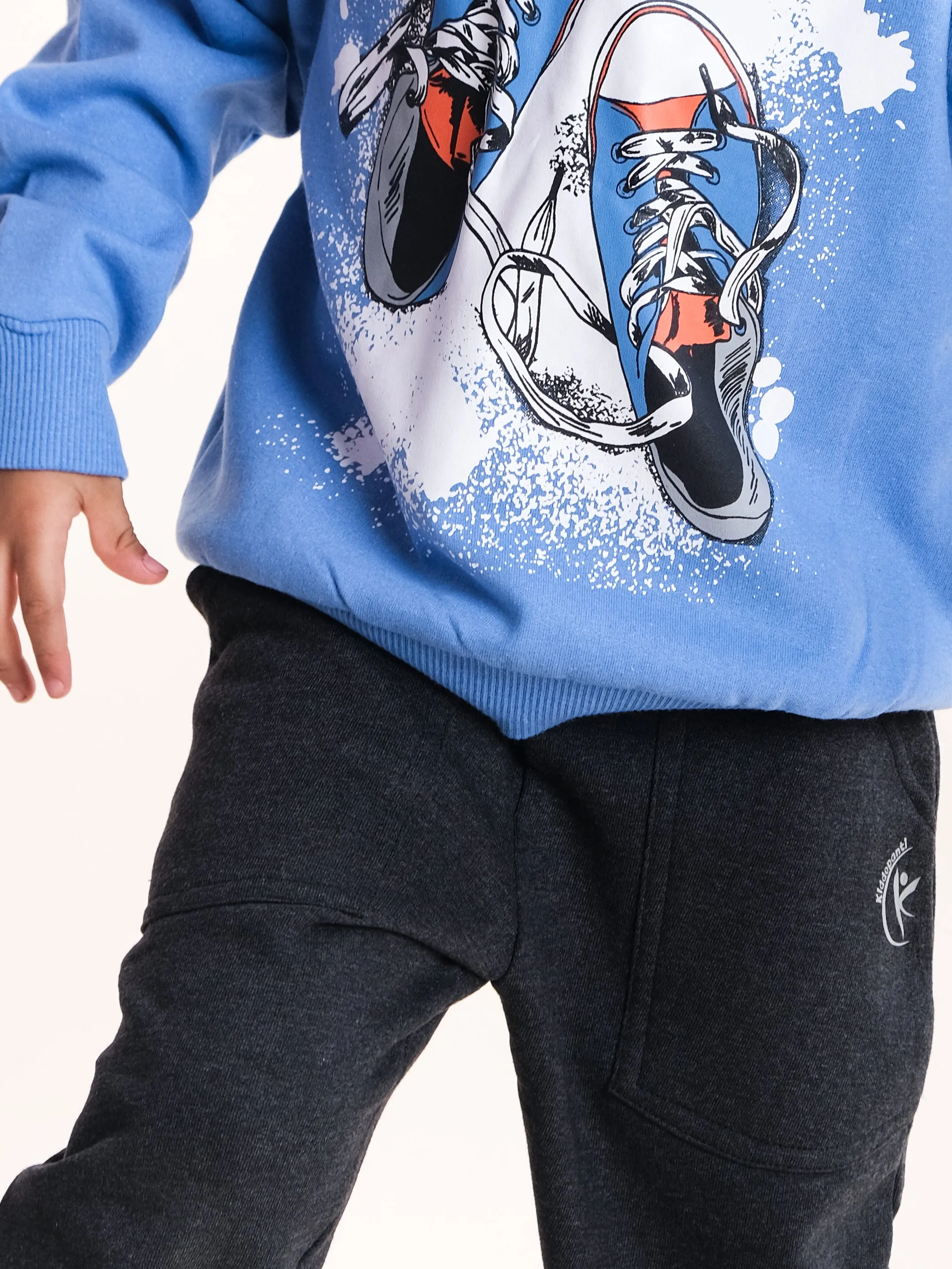 Boys Fleece Printed Round Neck Sweatshirt With Solid Track Pant Set