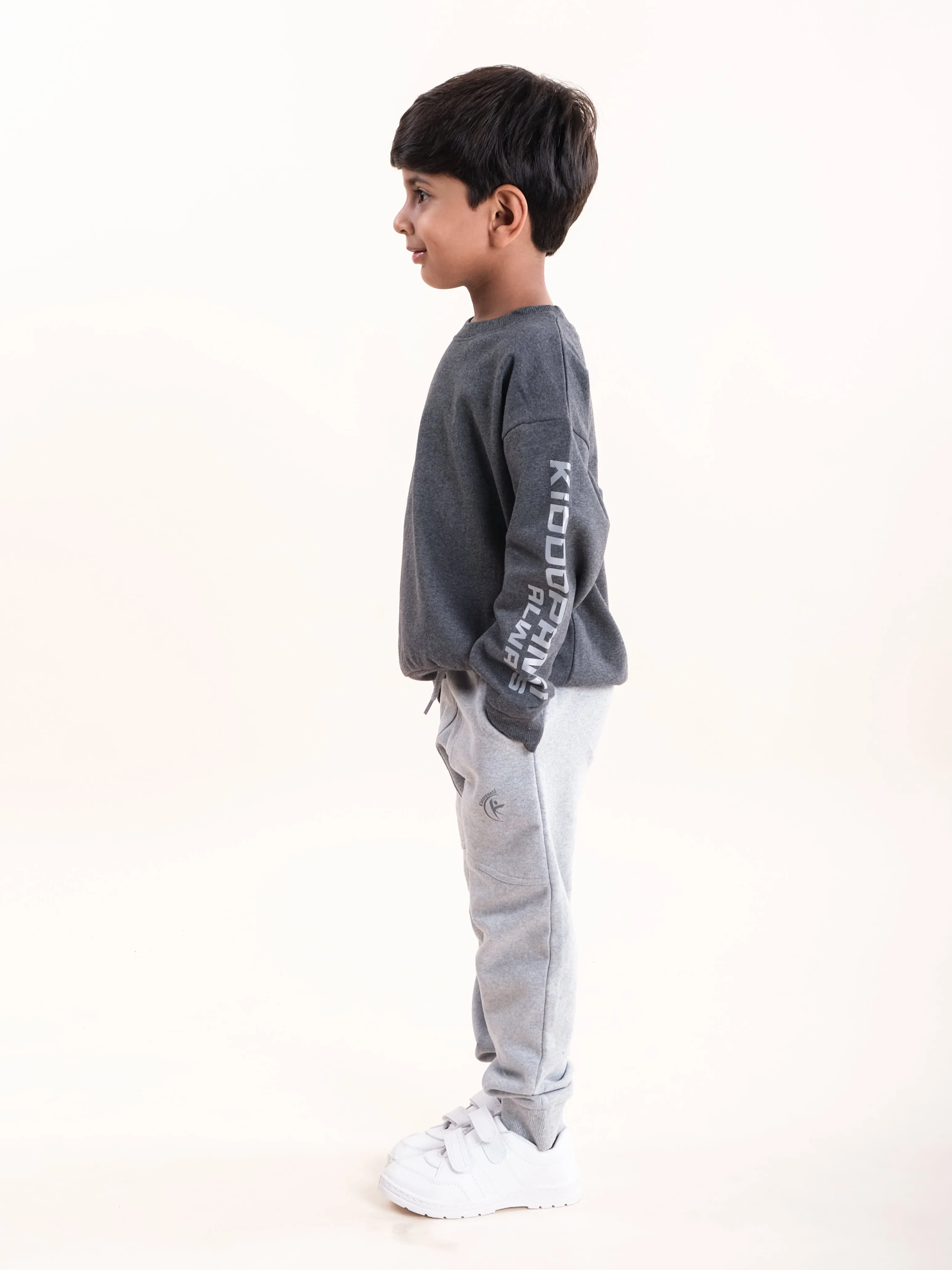 Boys Fleece Printed Round Neck Sweatshirt With Solid Track Pant Set