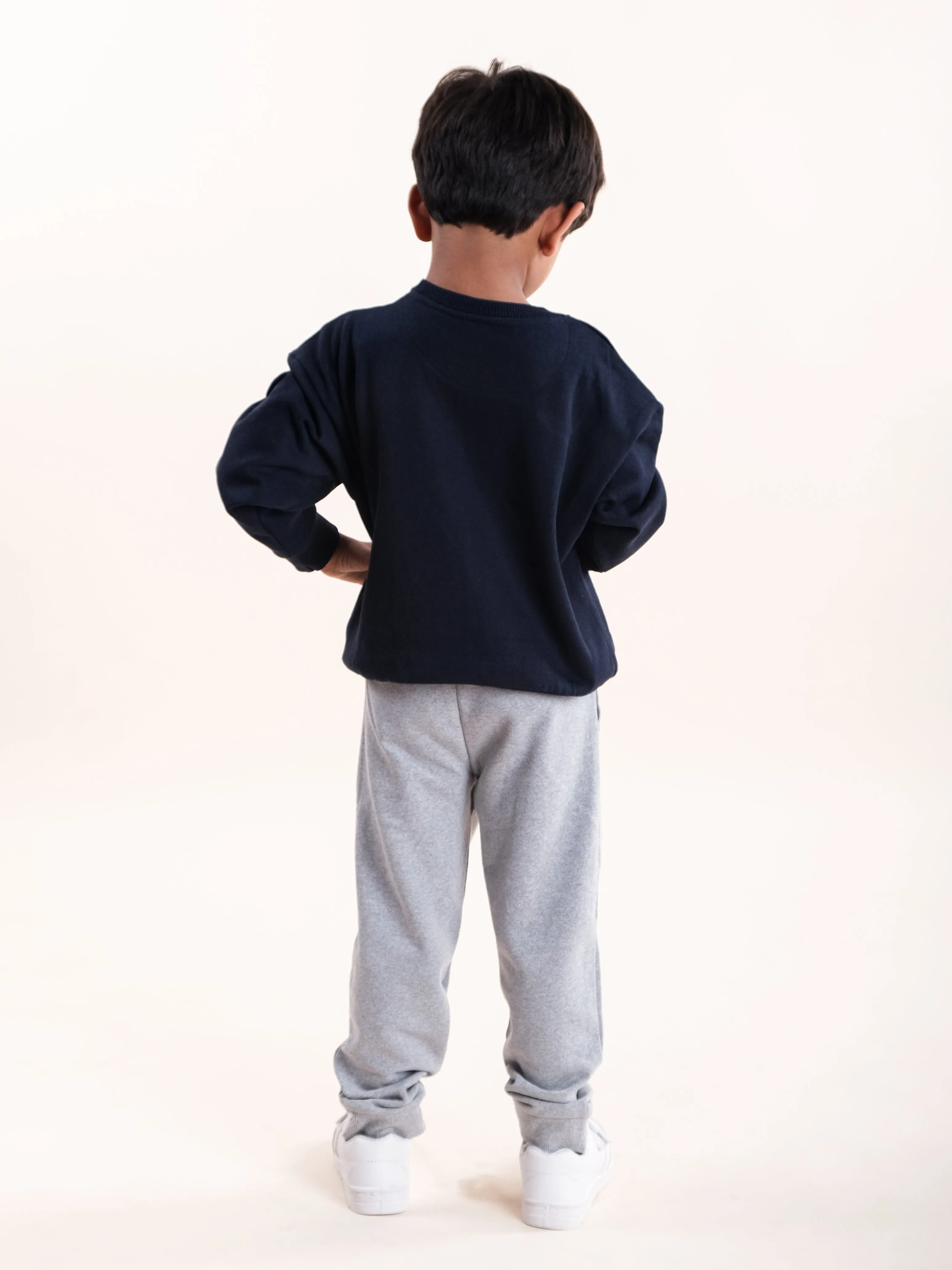 Boys Fleece Printed Round Neck Sweatshirt With Solid Track Pant Set