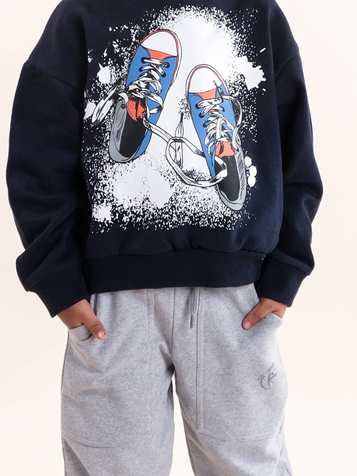 Boys Fleece Printed Round Neck Sweatshirt With Solid Track Pant Set