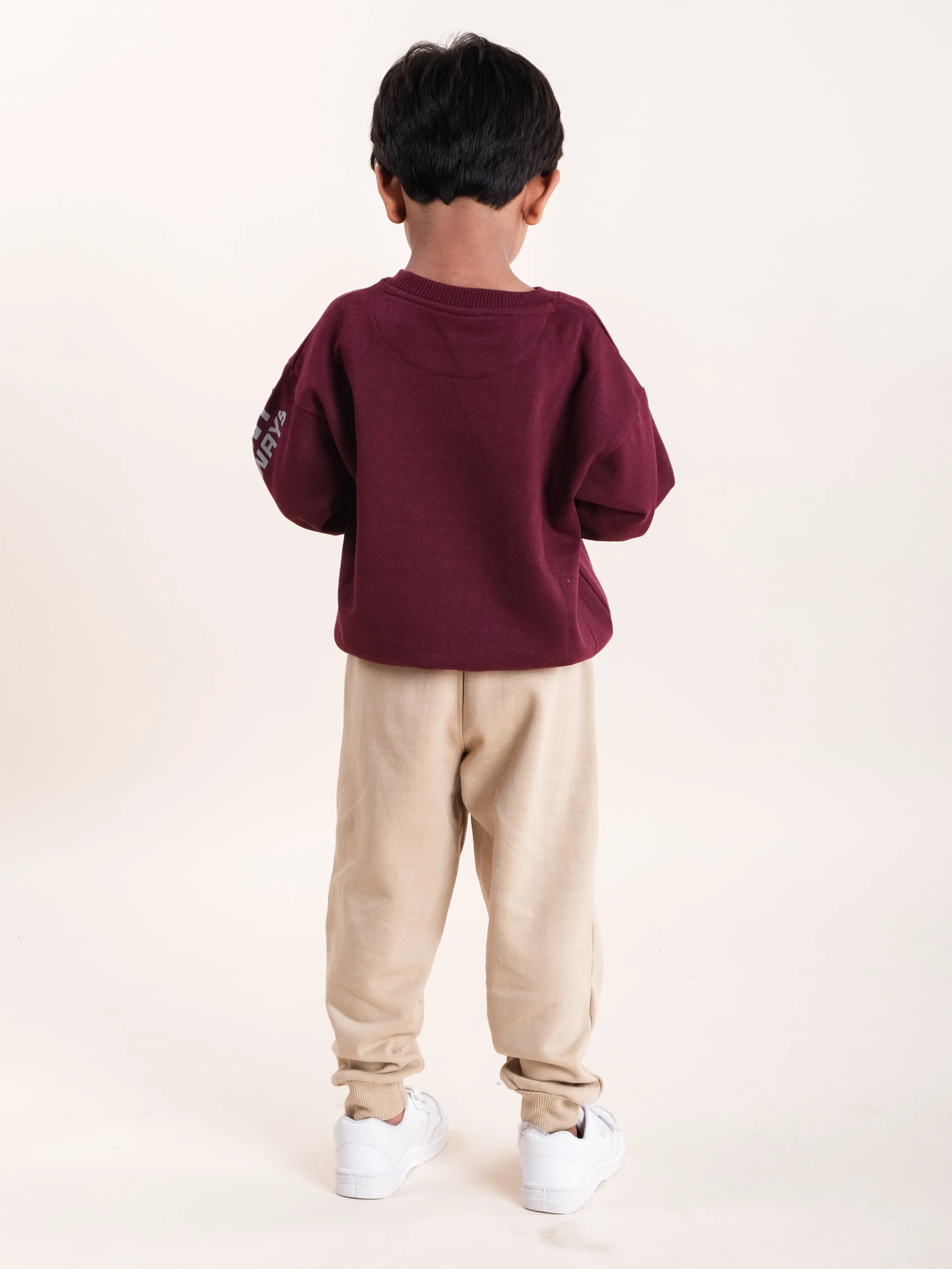 Boys Fleece Printed Round Neck Sweatshirt With Solid Track Pant Set