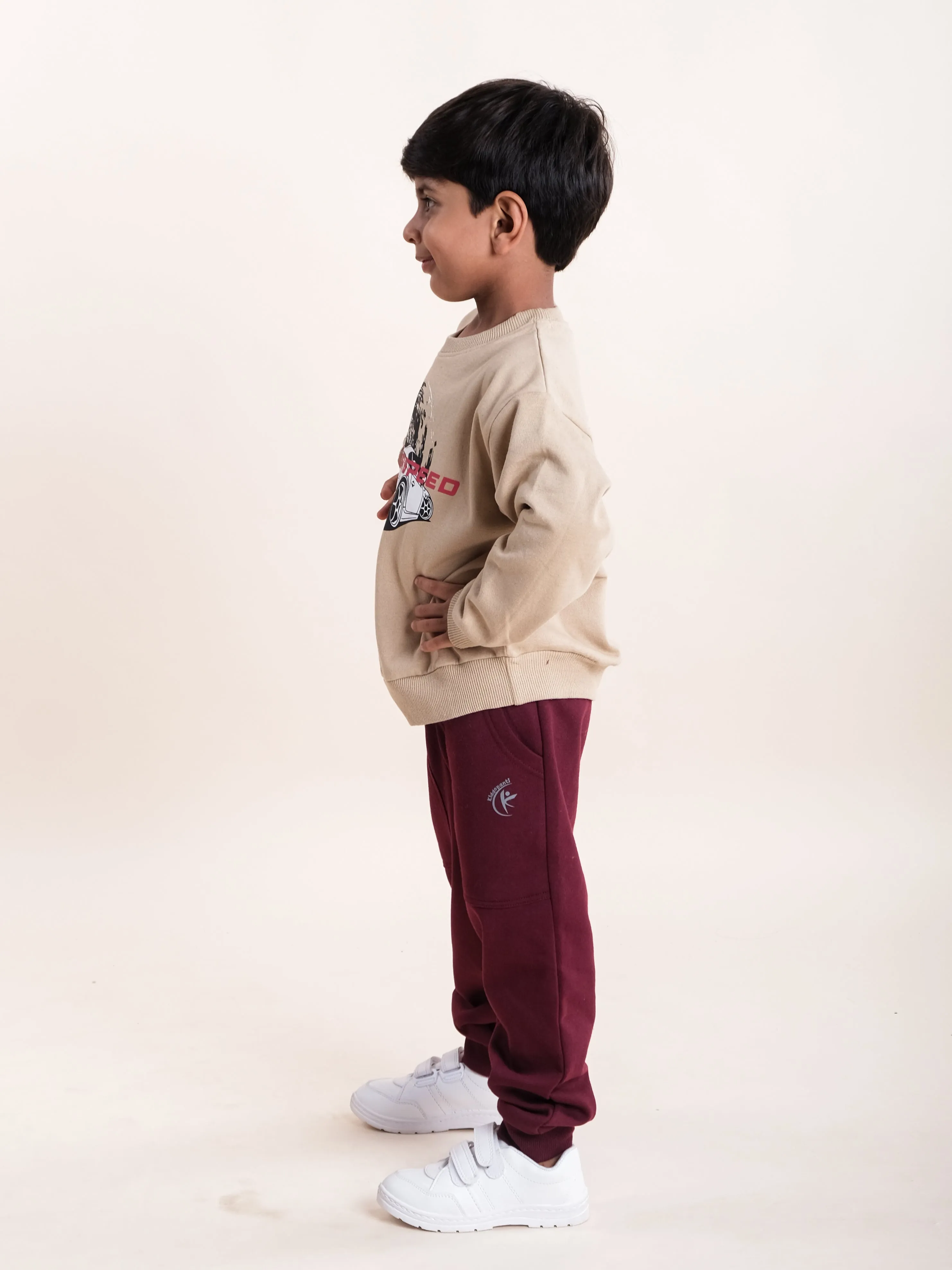 Boys Fleece Printed Round Neck Sweatshirt With Solid Track Pant Set