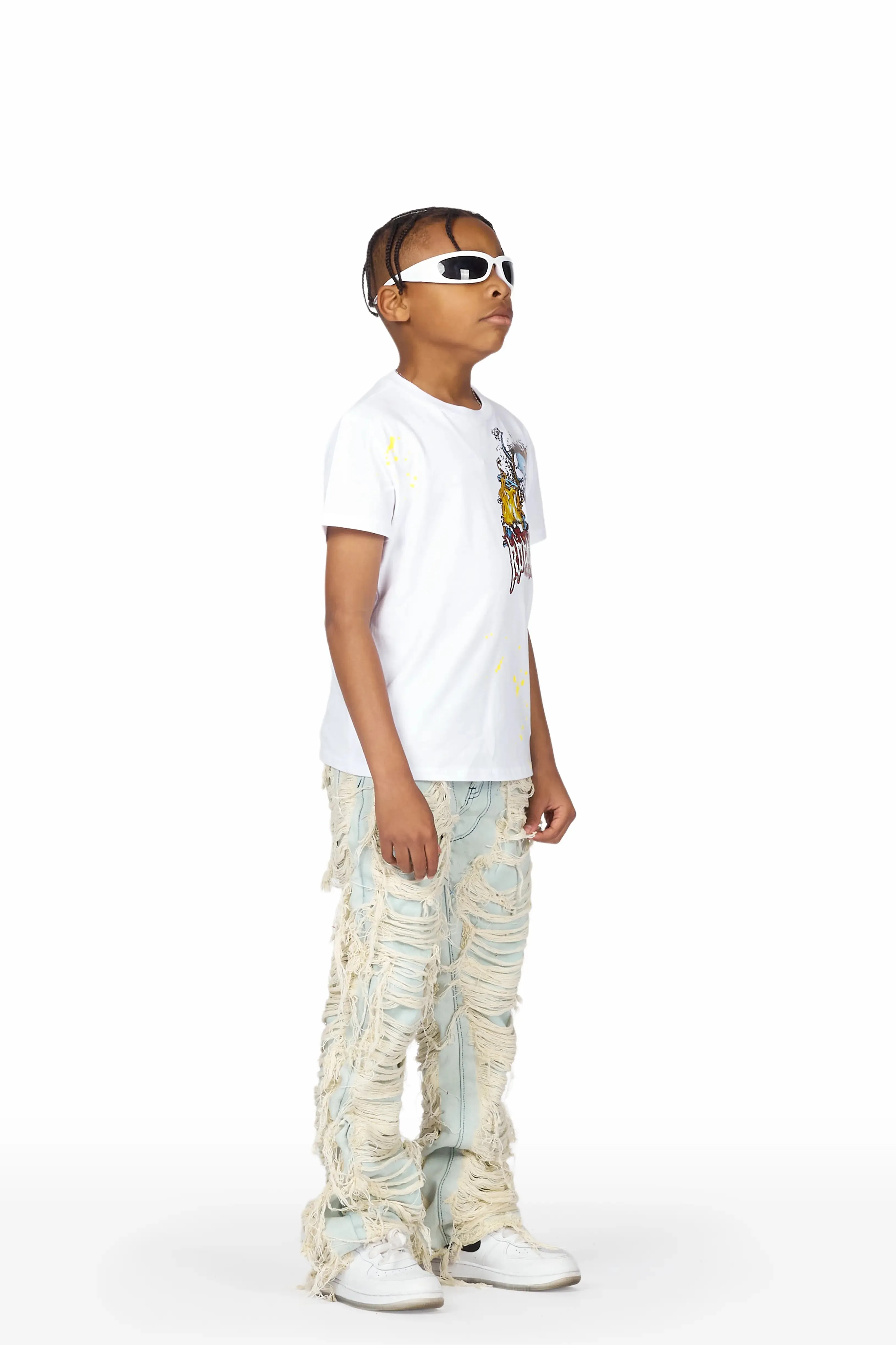 Boys Hank White/Blue T-Shirt/Stacked Flare Jean Set