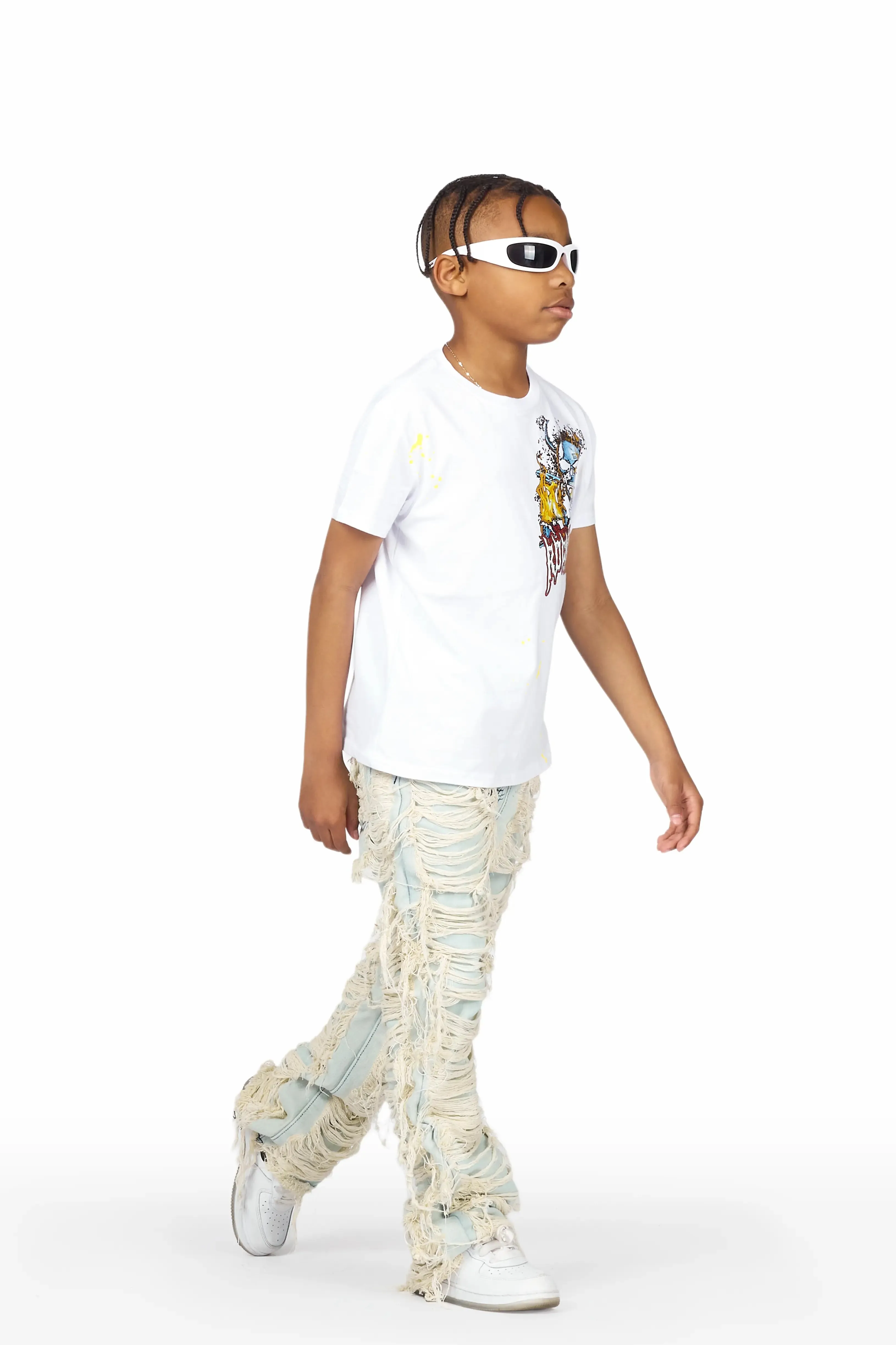 Boys Hank White/Blue T-Shirt/Stacked Flare Jean Set