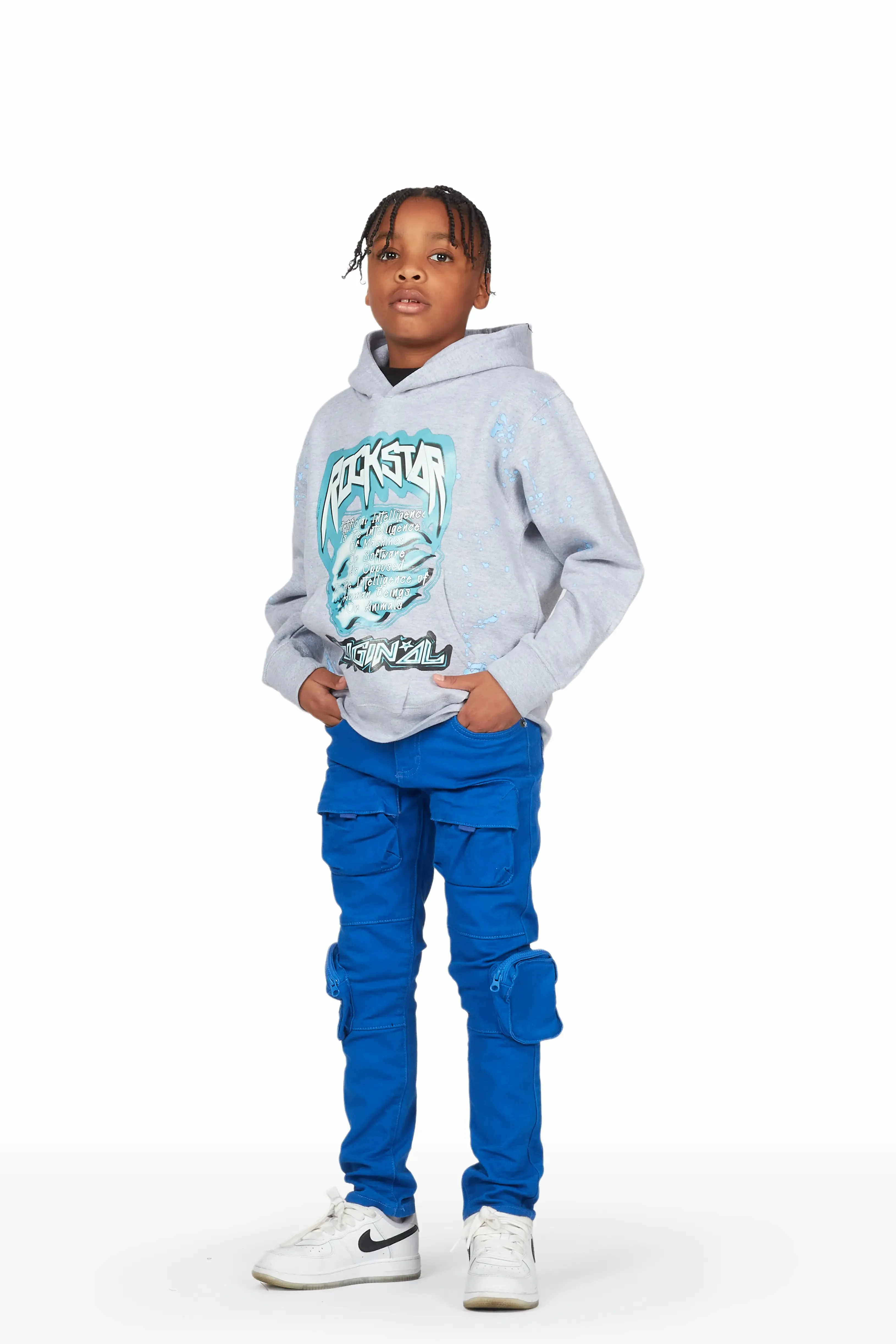 Boys Luke Grey/Blue Cargo Jean Hoodie Set