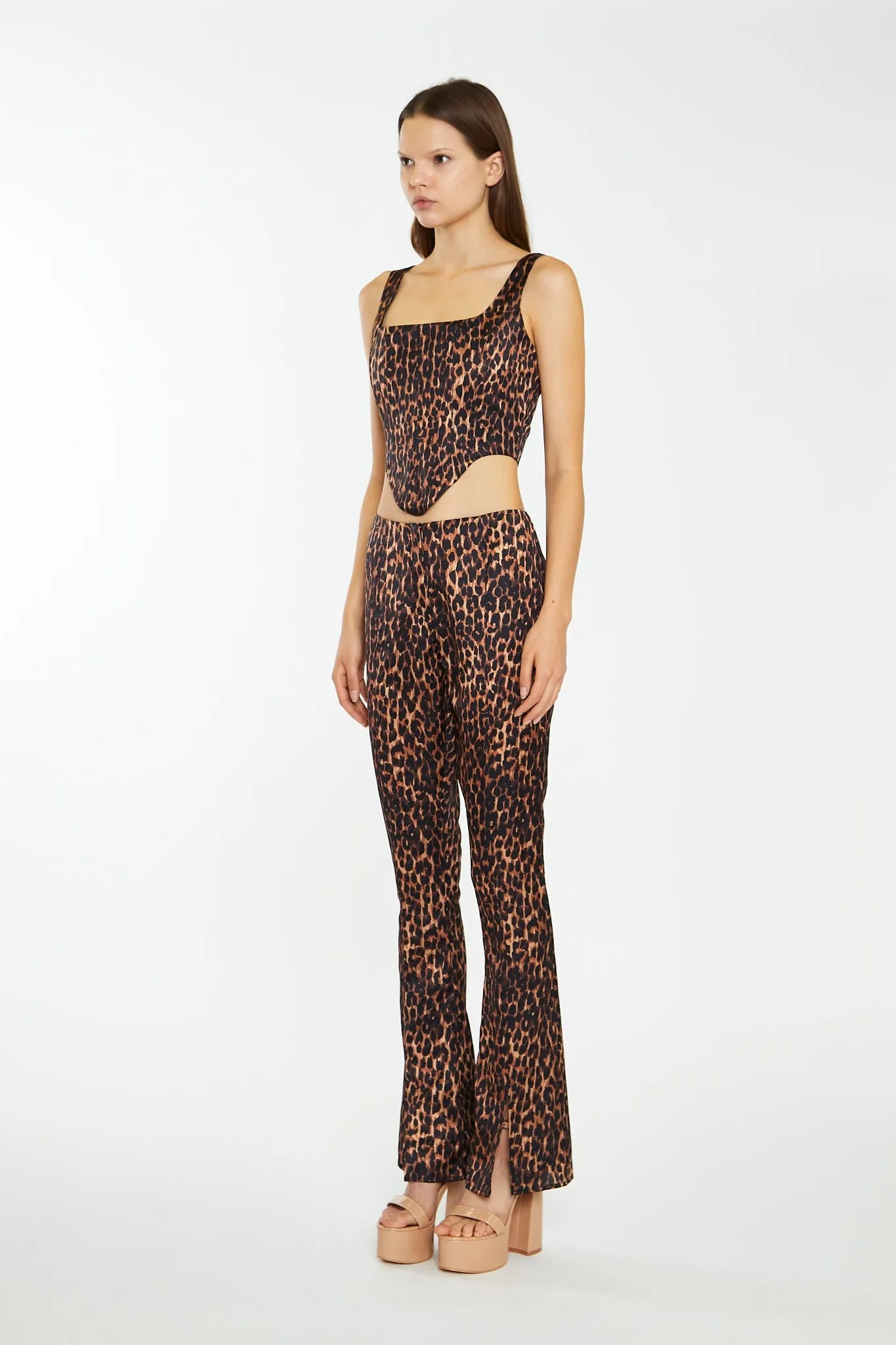 Brown-Leopard Split-Front Flared Trousers