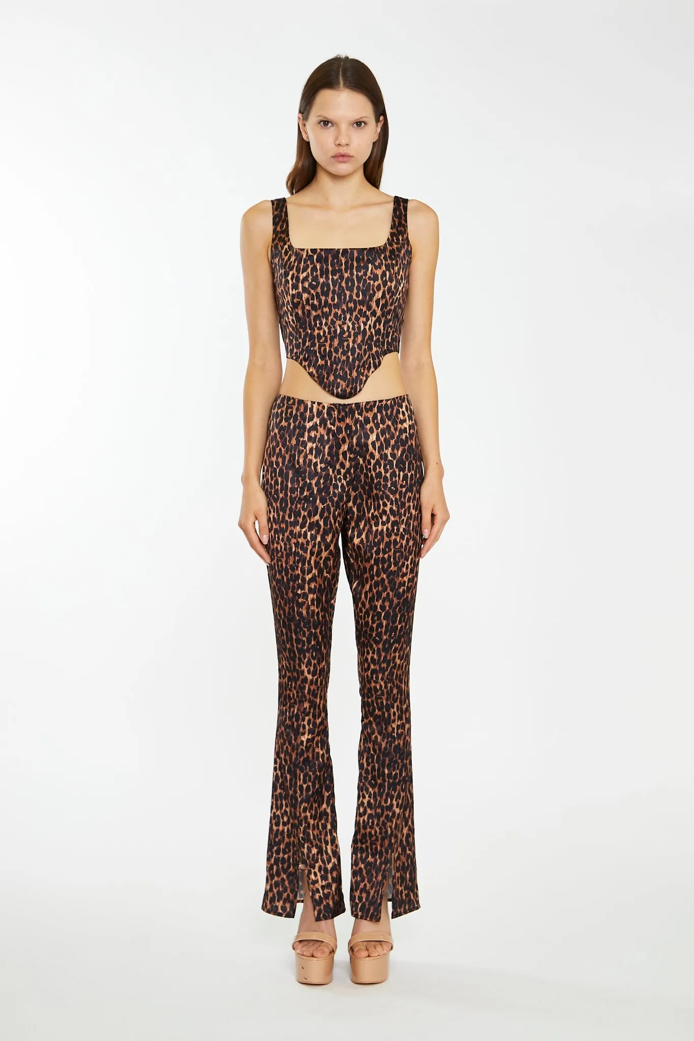 Brown-Leopard Split-Front Flared Trousers