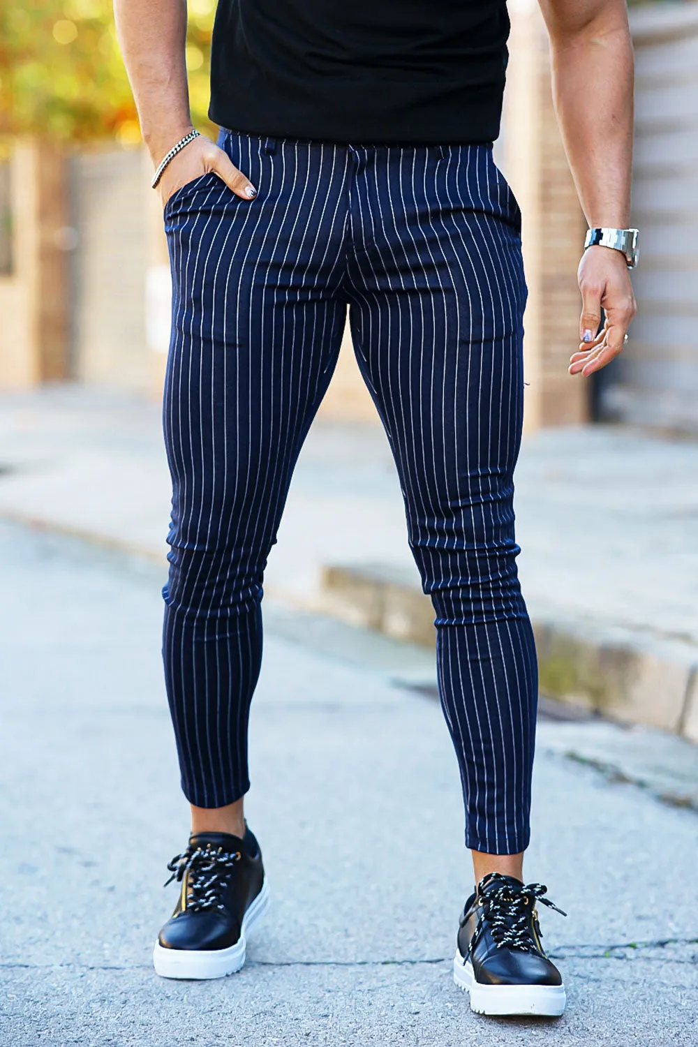 Buy $80 Free Shipping Men's Blue Striped Trousers