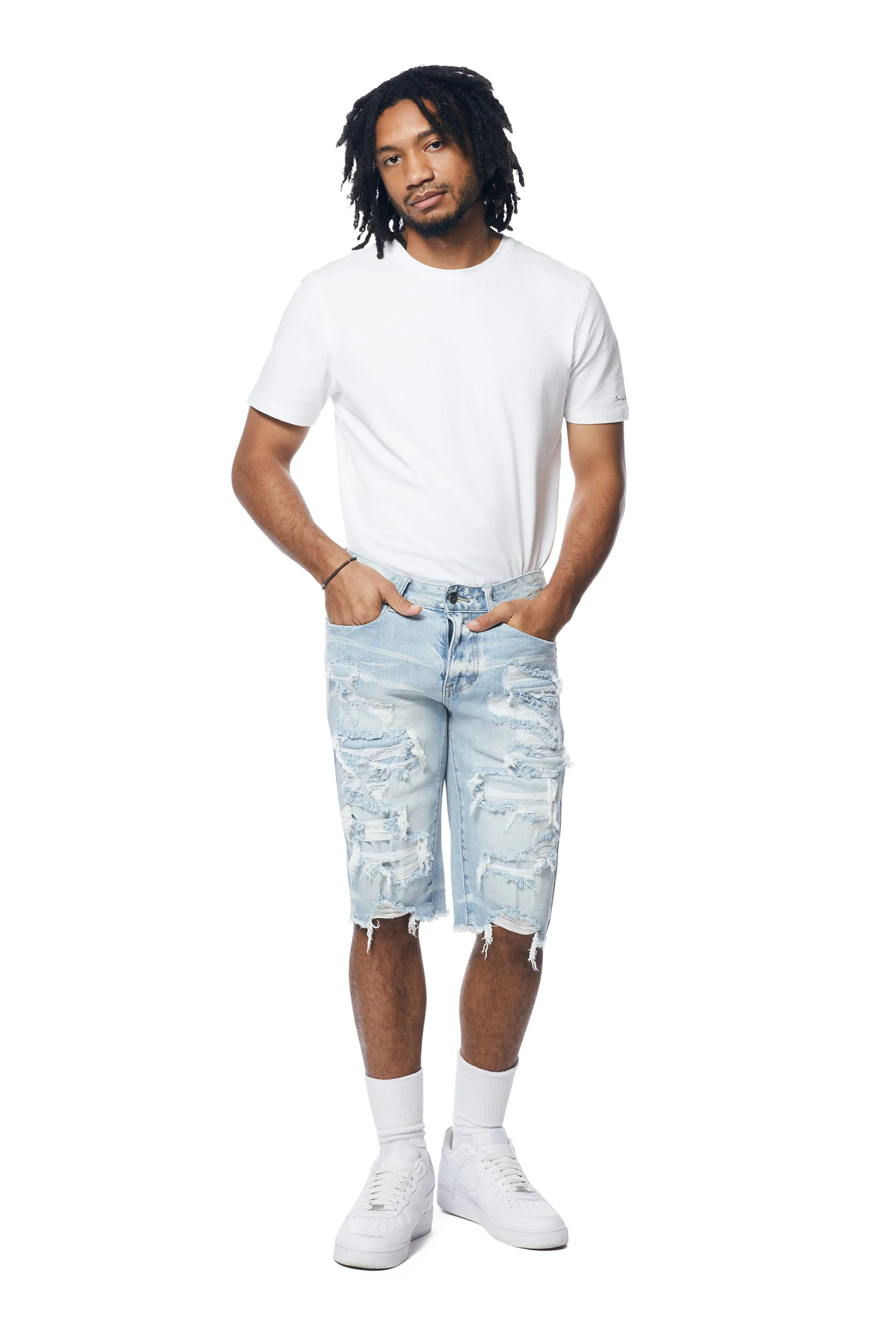 Distressed Rip & Repair Jean Shorts - Santorini Blue