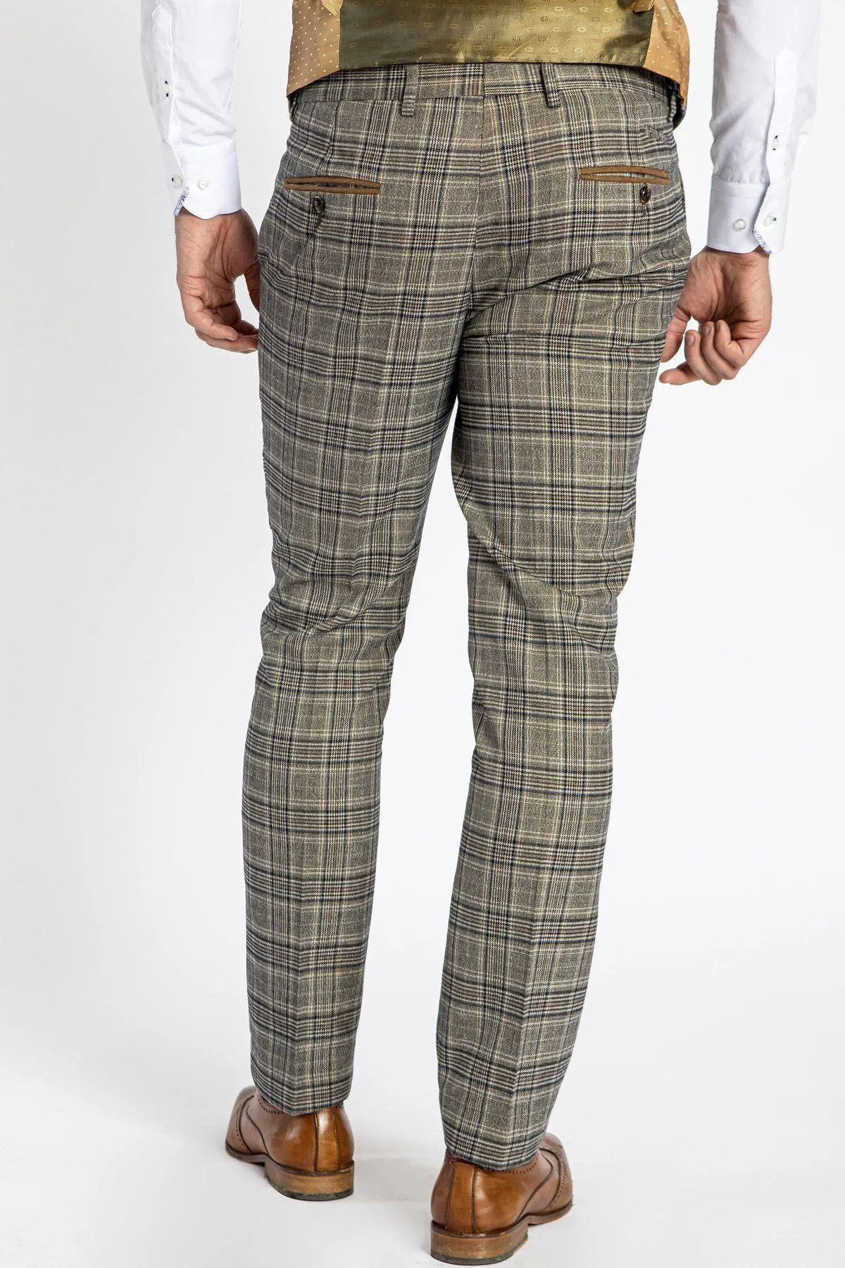 ENZO - Tan Check Tweed Trousers