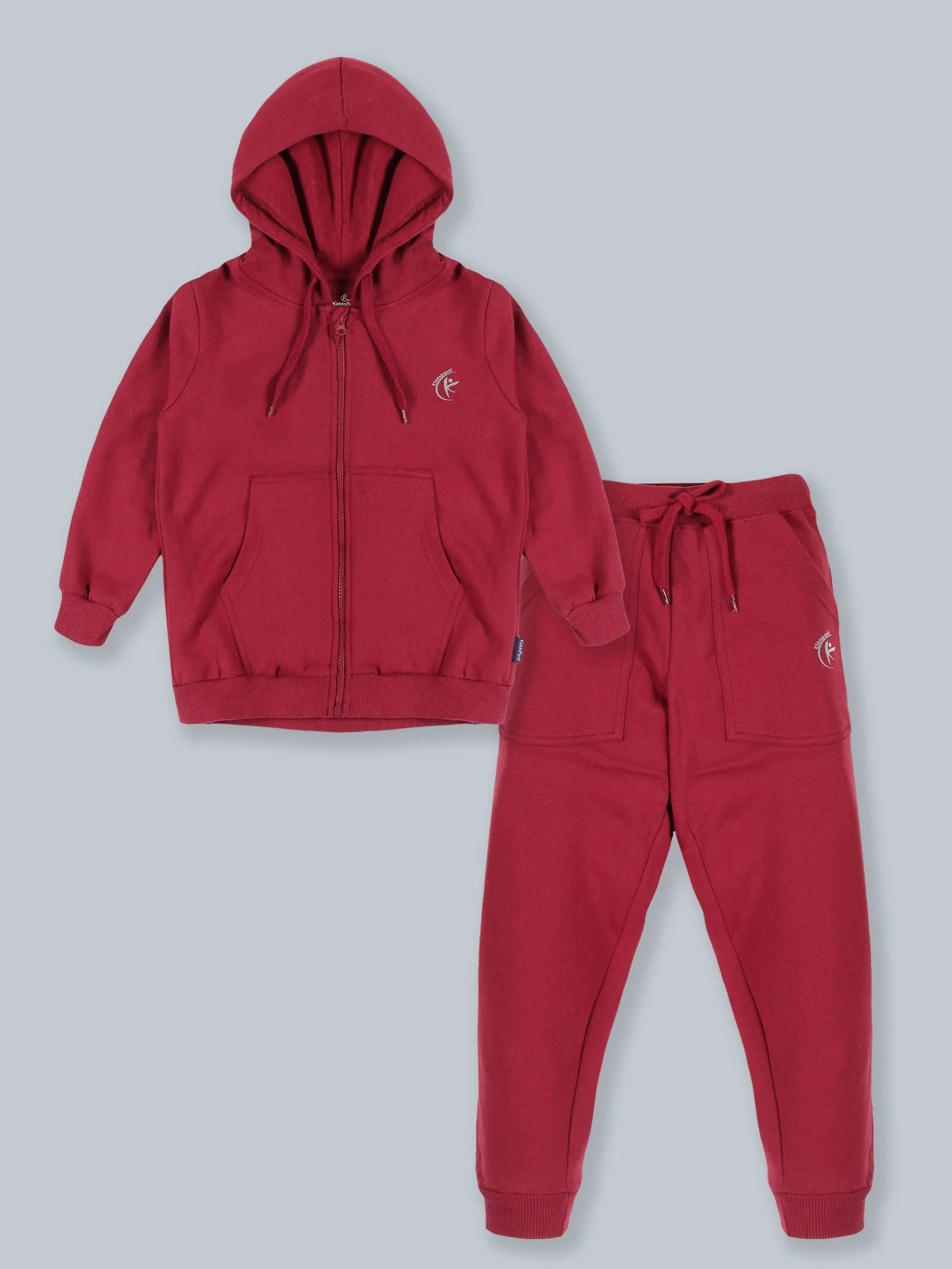 Fleece Solid Zip Front Open Hooded Sweatshirt  & Track Pant Set