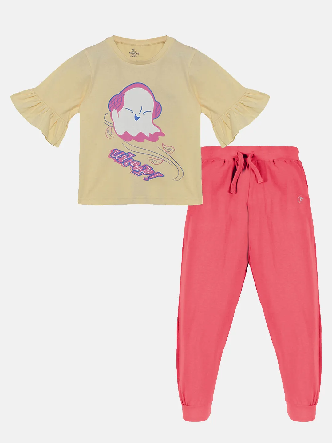 Girls Printed Frill half Sleeve Tee & Solid Track Pant Set