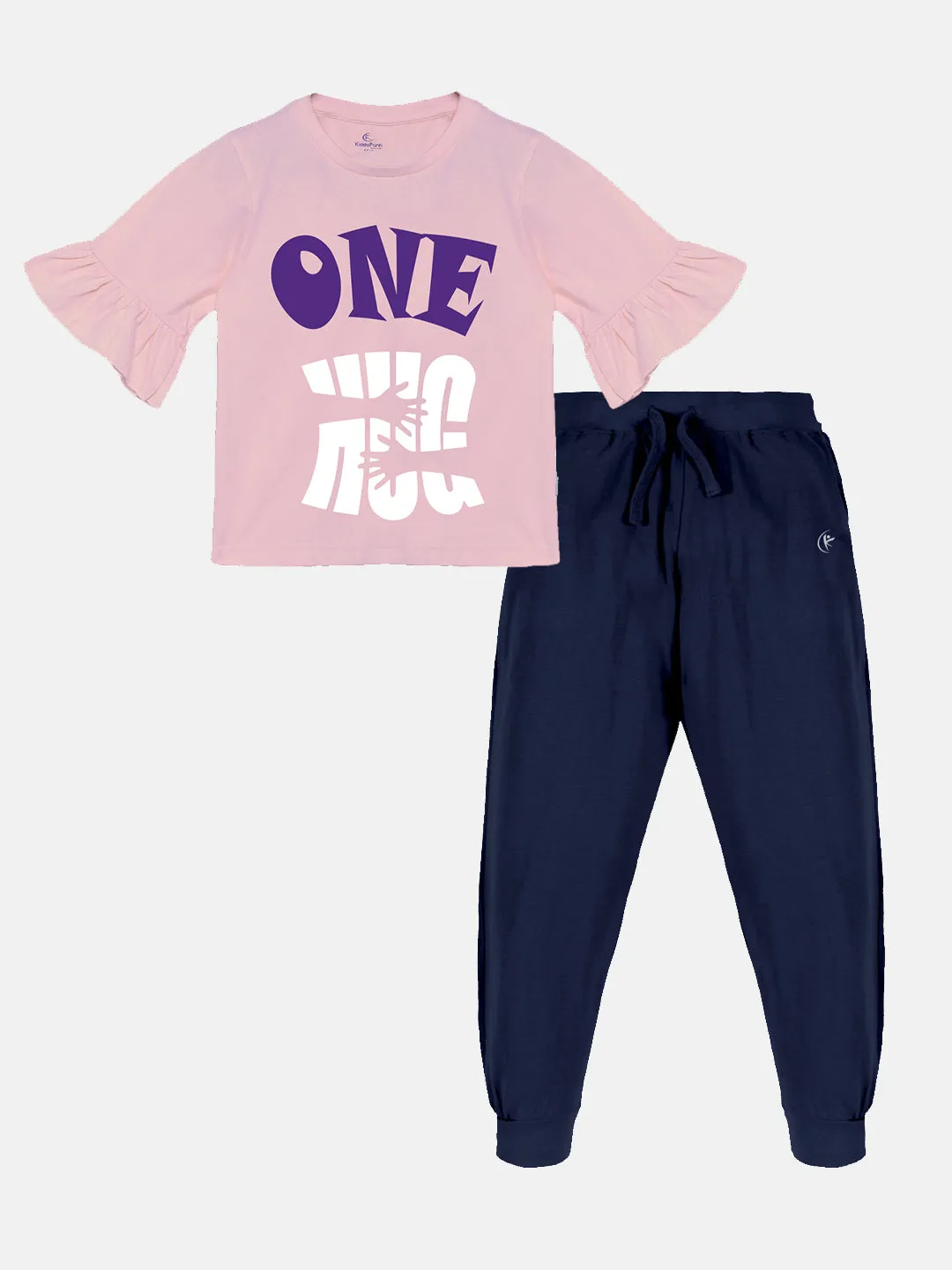 Girls Printed Frill half Sleeve Tee & Solid Track Pant Set