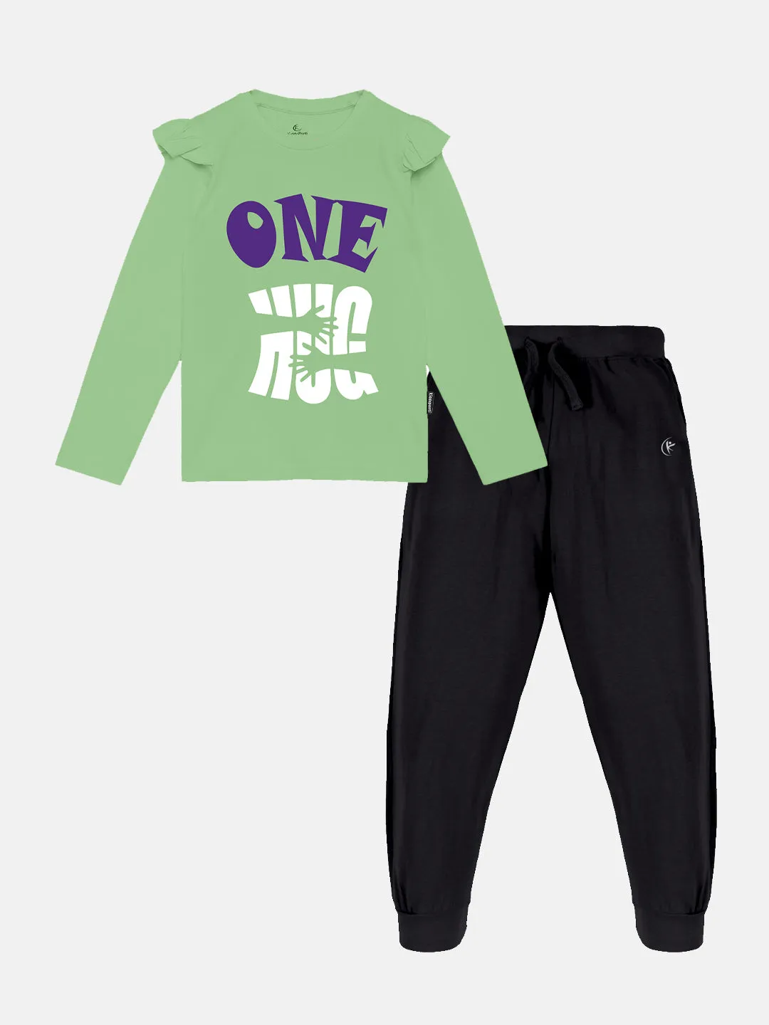 Girls Printed Full Sleeve Tee & Solid Track Pant Set