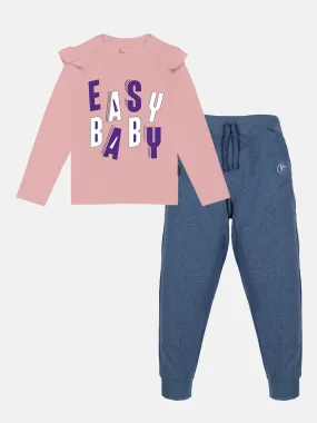 Girls Printed Full Sleeve Tee & Solid Track Pant Set