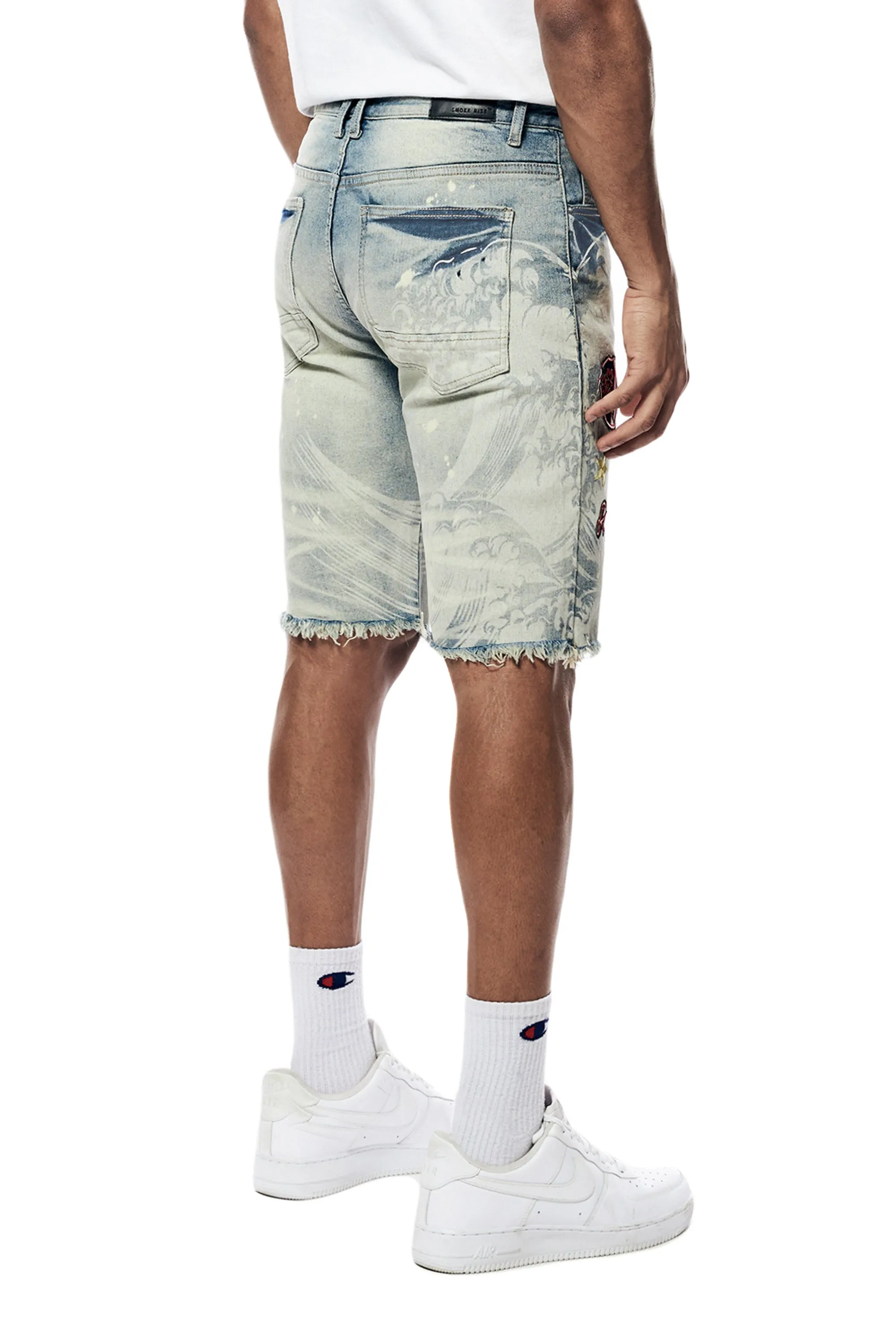 Laser Printed Varsity Jean Shorts - Vanilla Blue