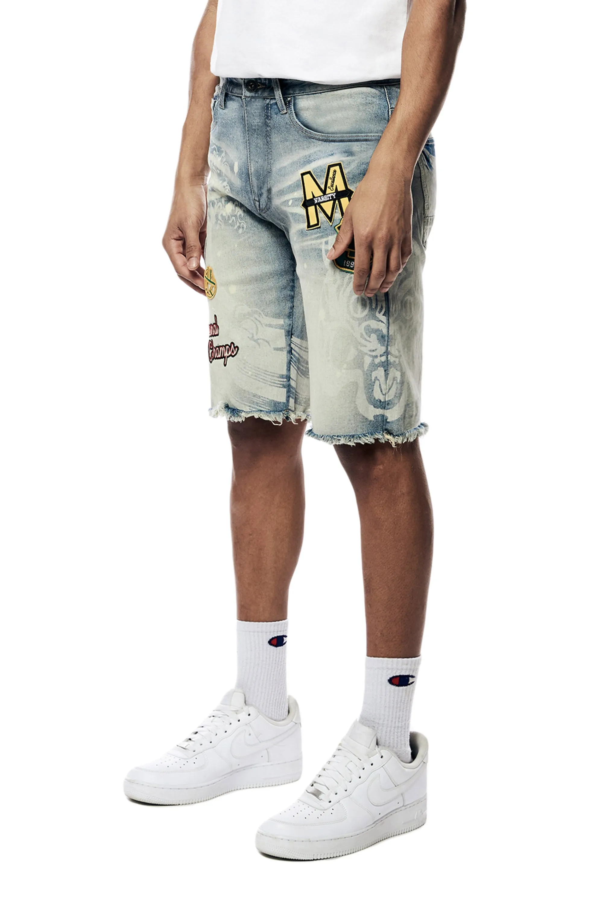 Laser Printed Varsity Jean Shorts - Vanilla Blue