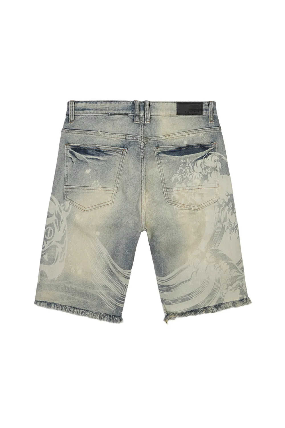 Laser Printed Varsity Jean Shorts - Vanilla Blue