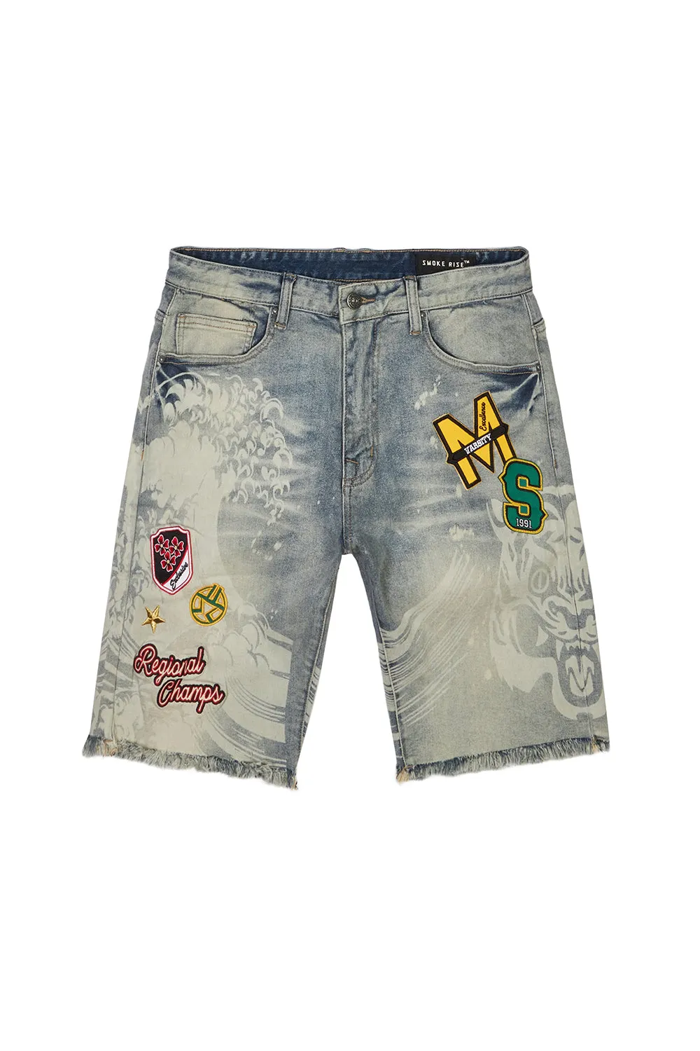 Laser Printed Varsity Jean Shorts - Vanilla Blue