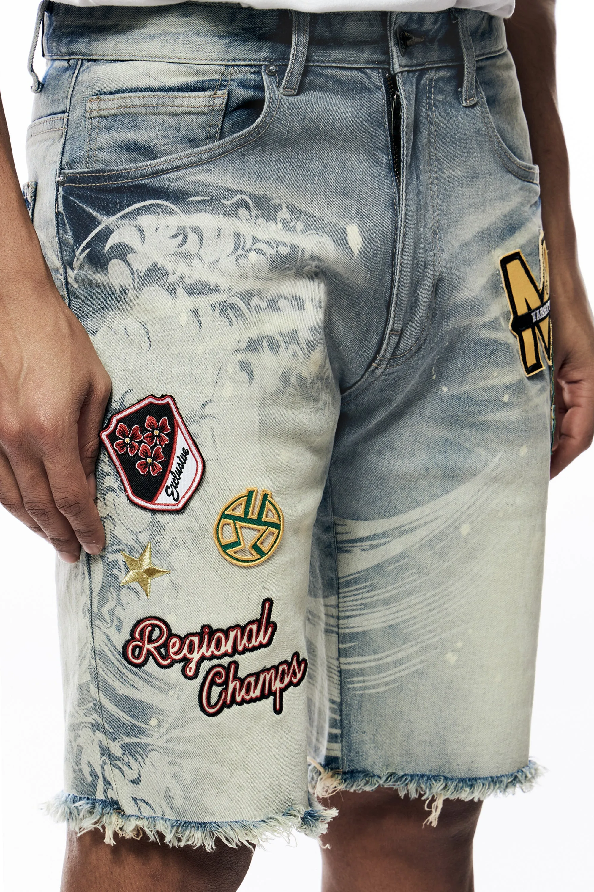 Laser Printed Varsity Jean Shorts - Vanilla Blue